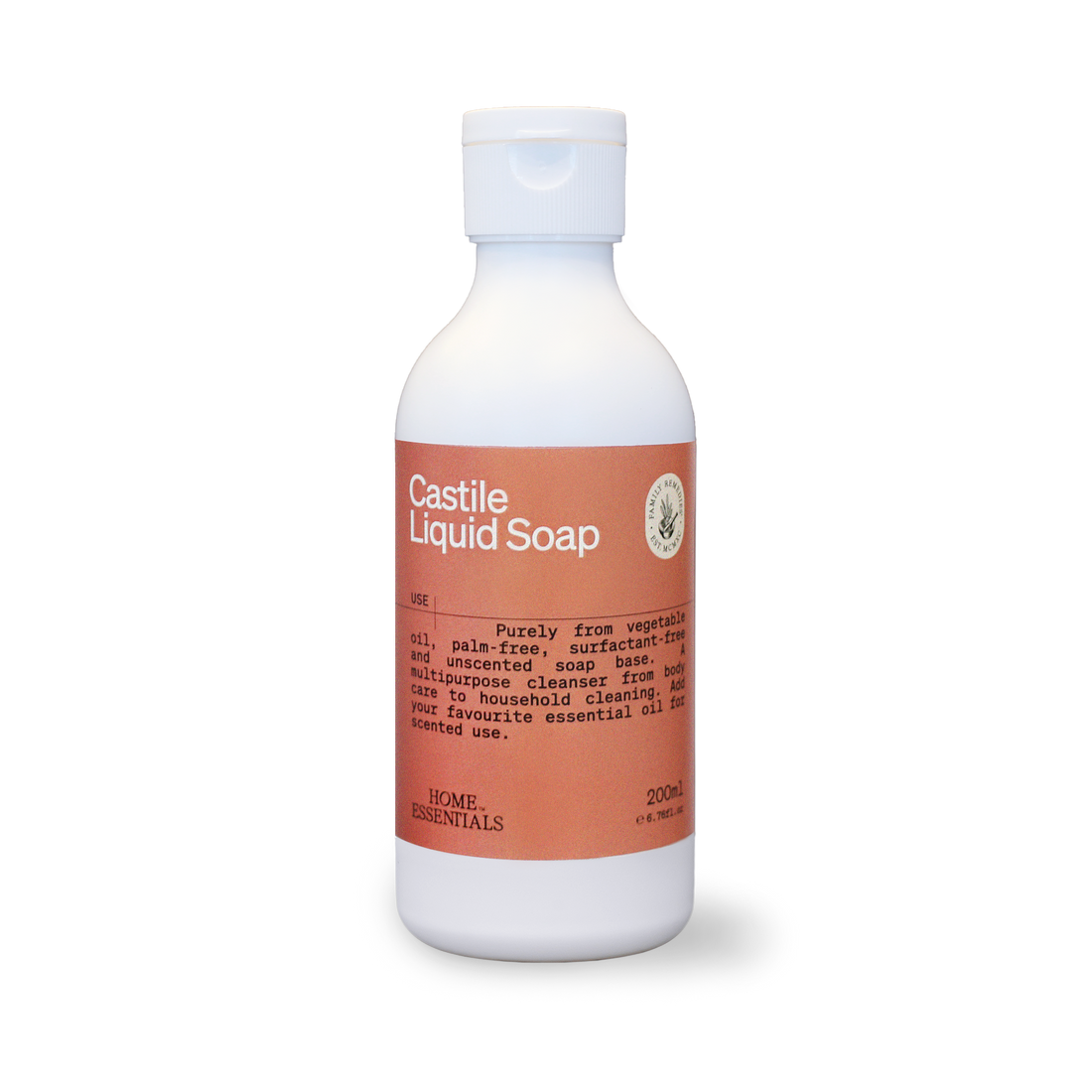 A front view of the bottle of Castile Liquid Soap with a white body and our signature terracotta label