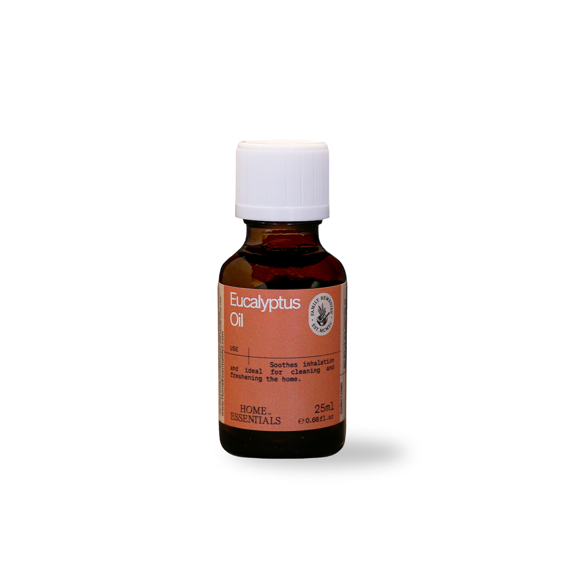 A Front View of the Eucalyptus-Oil-25ml brown bottle with whit cap on white background