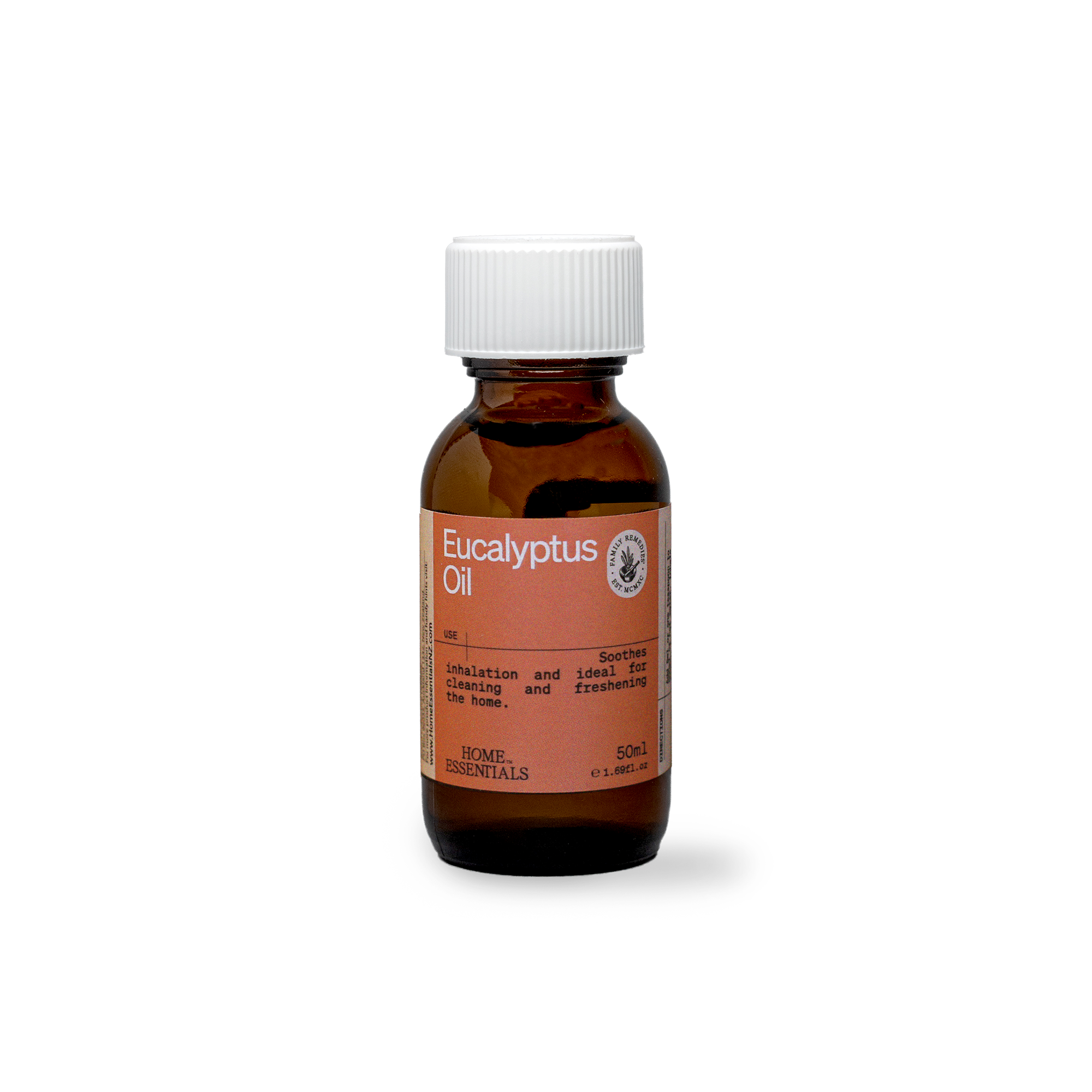A Front View of the Eucalyptus-Oil-50ml brown bottle with whit cap on white background