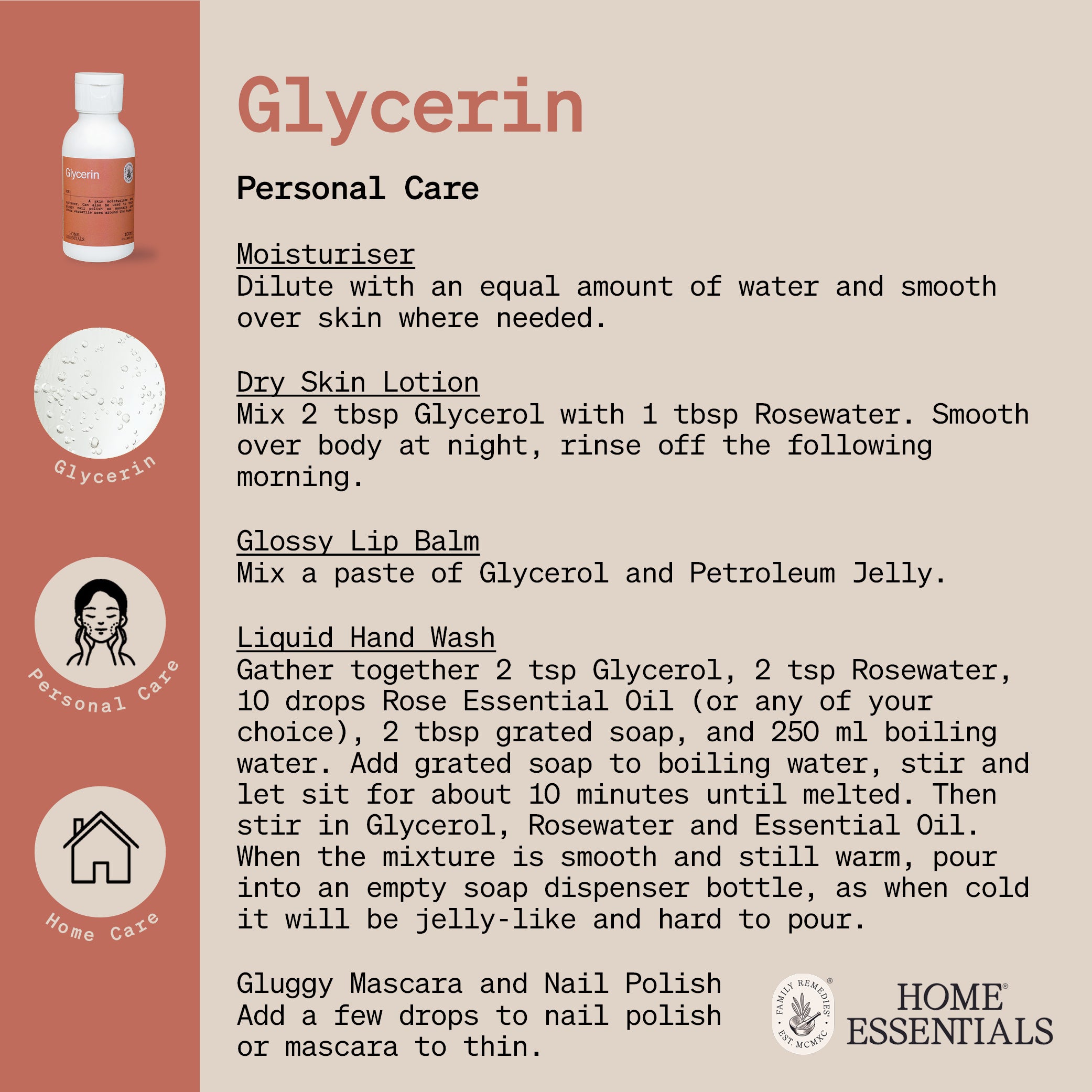 An image of the first page of the Glycerin Handy Hints, which lists potential use and self made remedy recipes