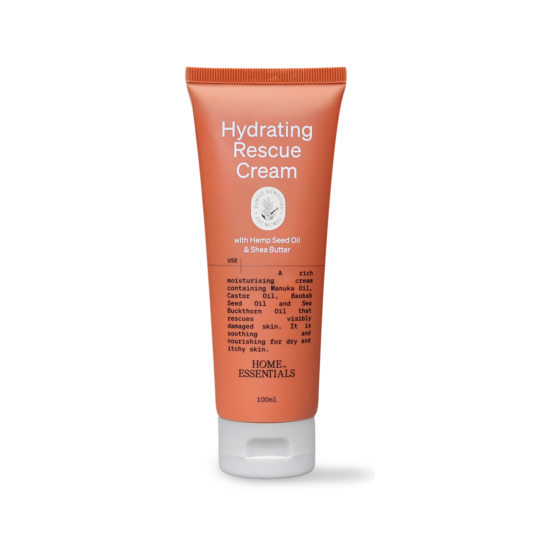 A front view of the 100ml tube of Home Essentials Hydrating Rescue Cream on white background