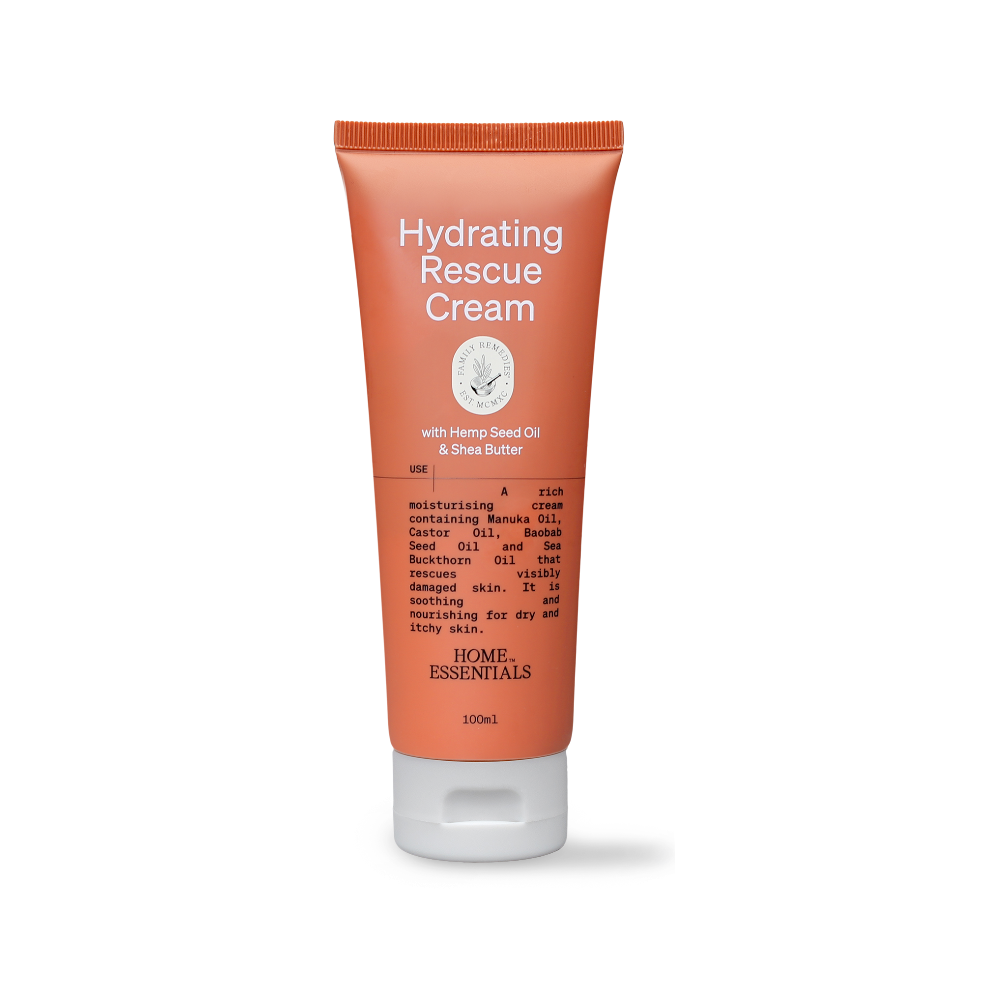 A front view of the 100ml tube of Home Essentials Hydrating Rescue Cream on white background