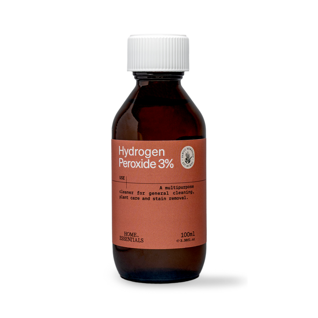 A Front view of the 100ml bottle of Hydrogen Peroxide 3% solution, with a white cap on white background.