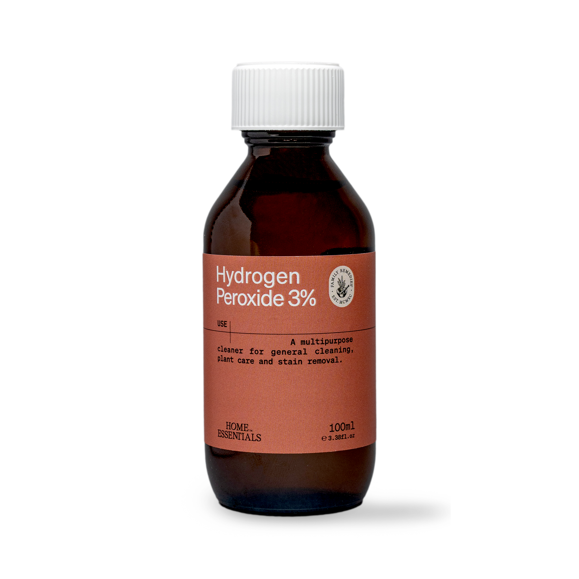 A Front view of the 100ml bottle of Hydrogen Peroxide 3% solution, with a white cap on white background.