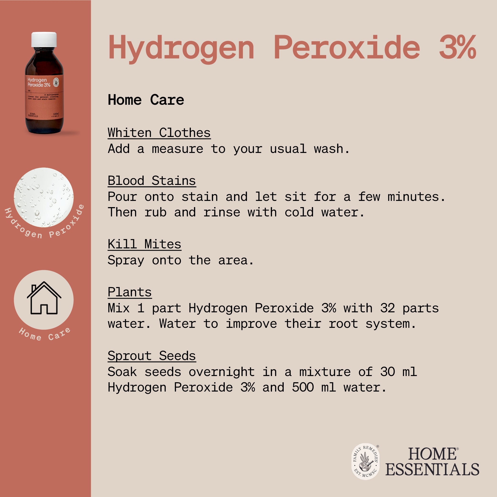 The Hydrogen Peroxyde 3% Solution Handy Hints Page which lists the various uses and DIY recipes