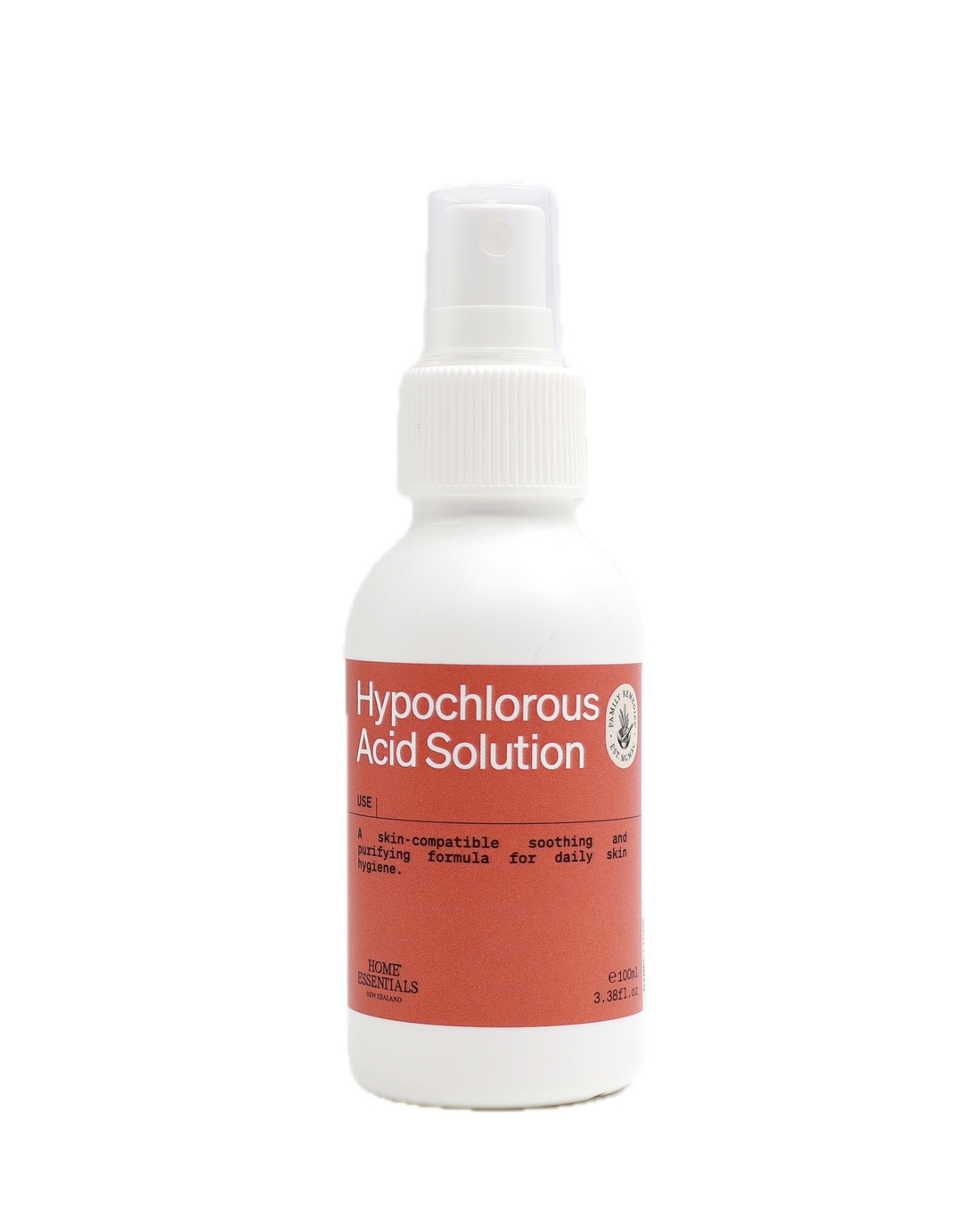A front view of the 100ml Bottle of hypochlorous acid solution with a white spray cap on a white background