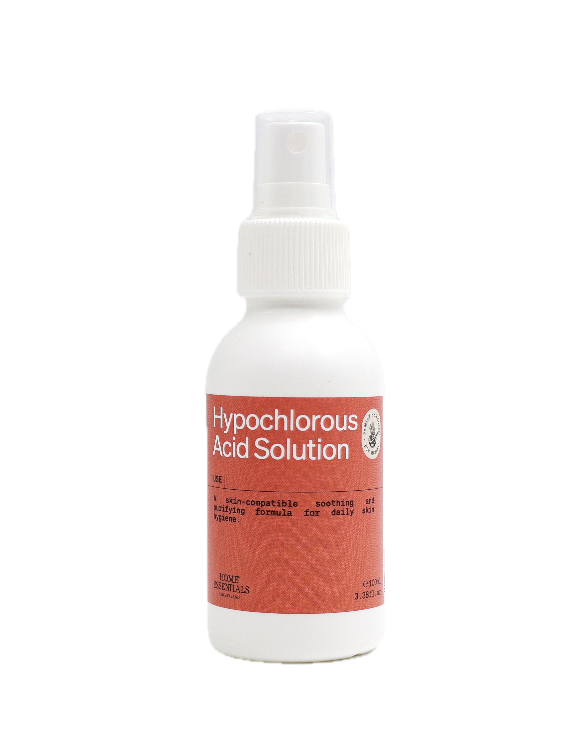 A front view of the 100ml Bottle of hypochlorous acid solution with a white spray cap on a white background