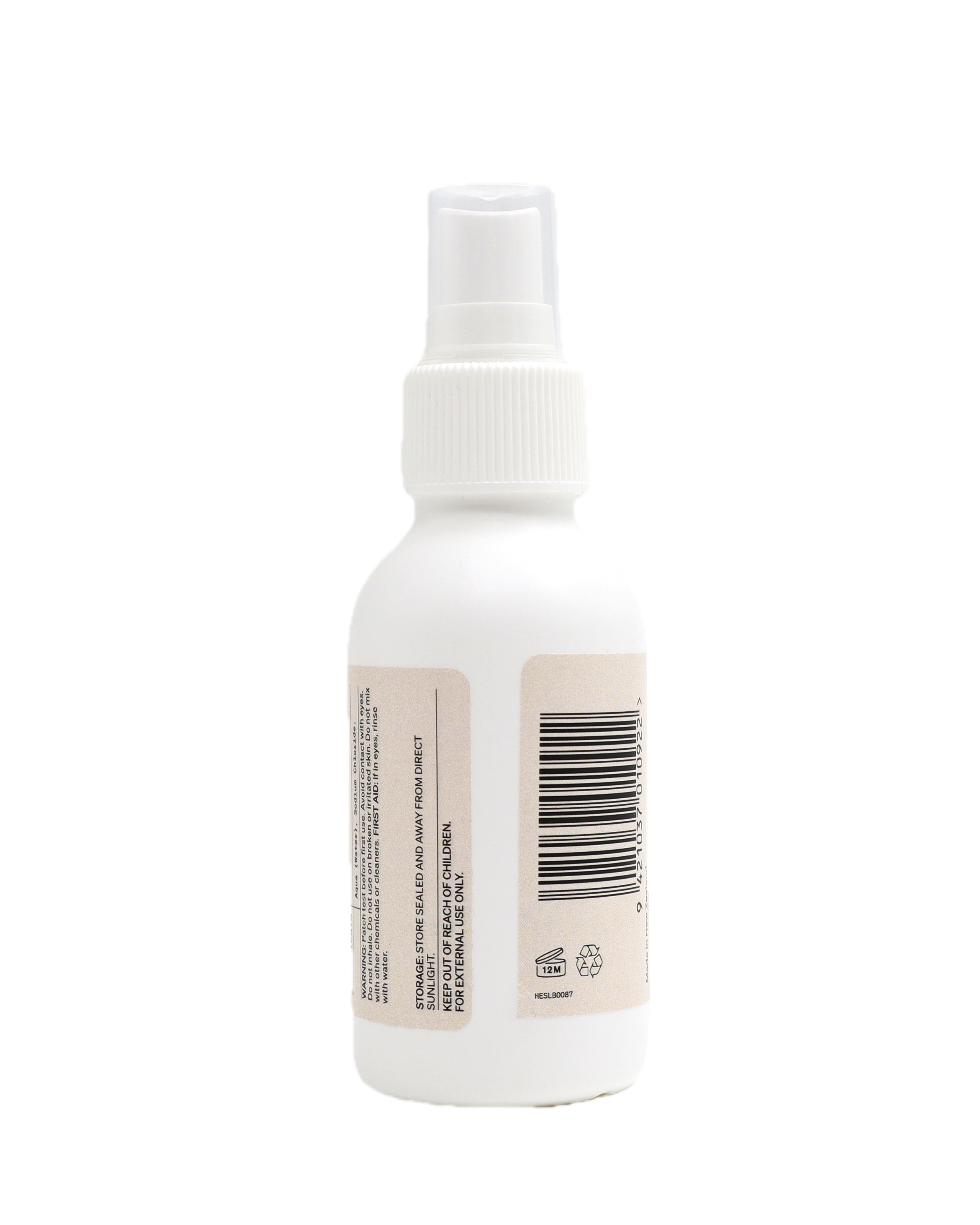 Back View of the Hypochlorous Acid Solution Bottle, with a white cap on a white background