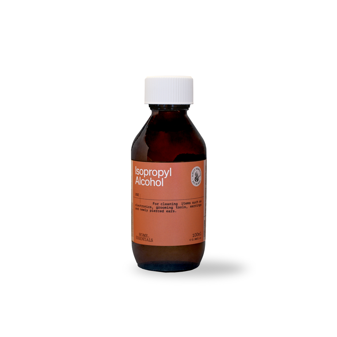 A Front view of the 100ml brown glass bottle of isopropyl alcohol on a white background.