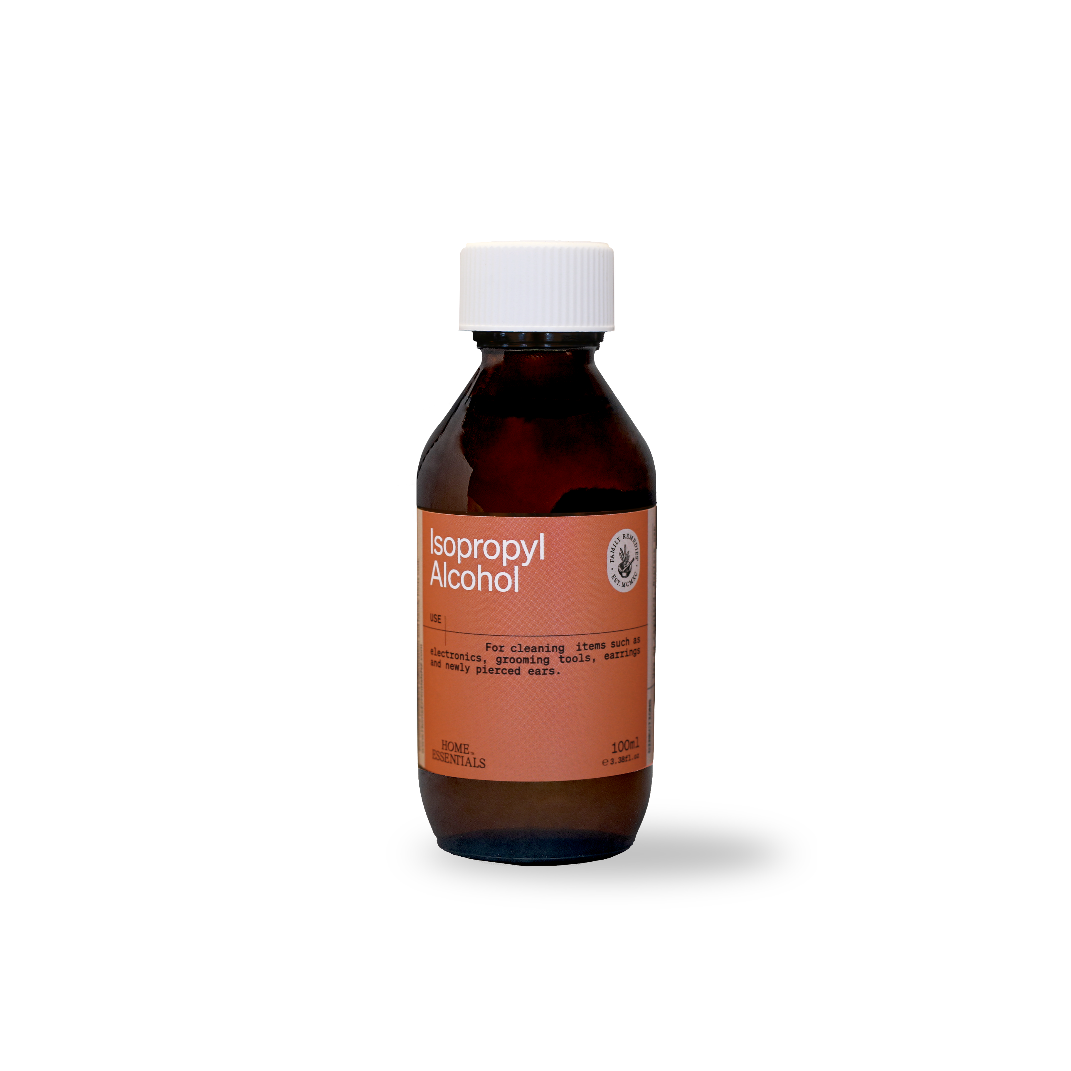 A Front view of the 100ml brown glass bottle of isopropyl alcohol on a white background.