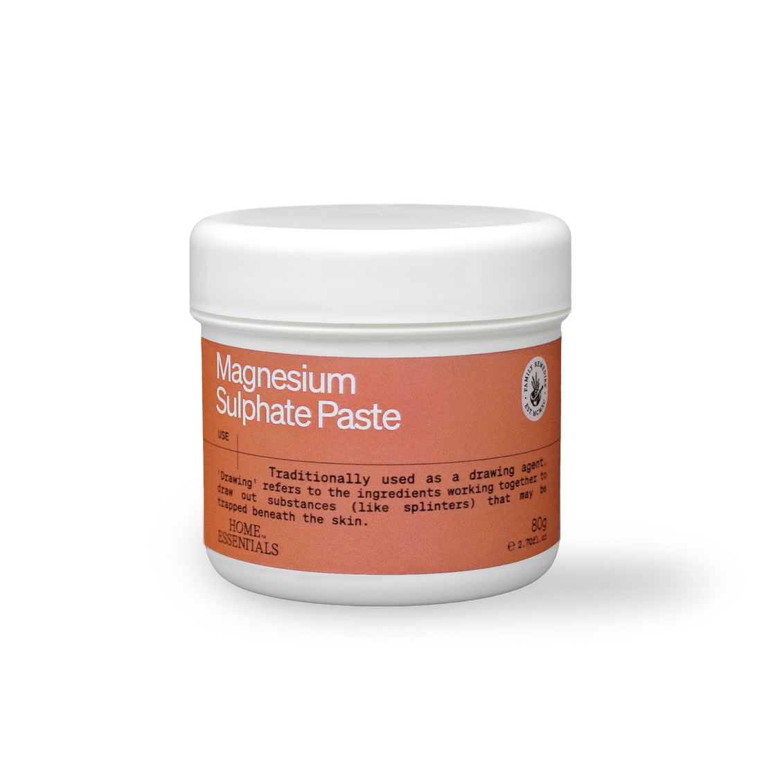 A front view of the Magnesium sulfate paste 80g pot on white background