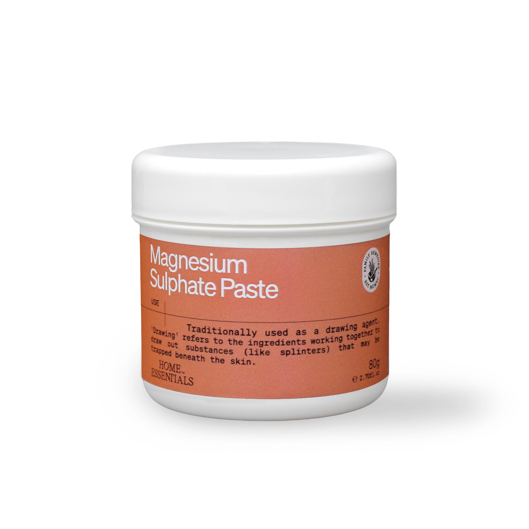 A front view of the Magnesium sulfate paste 80g pot on white background