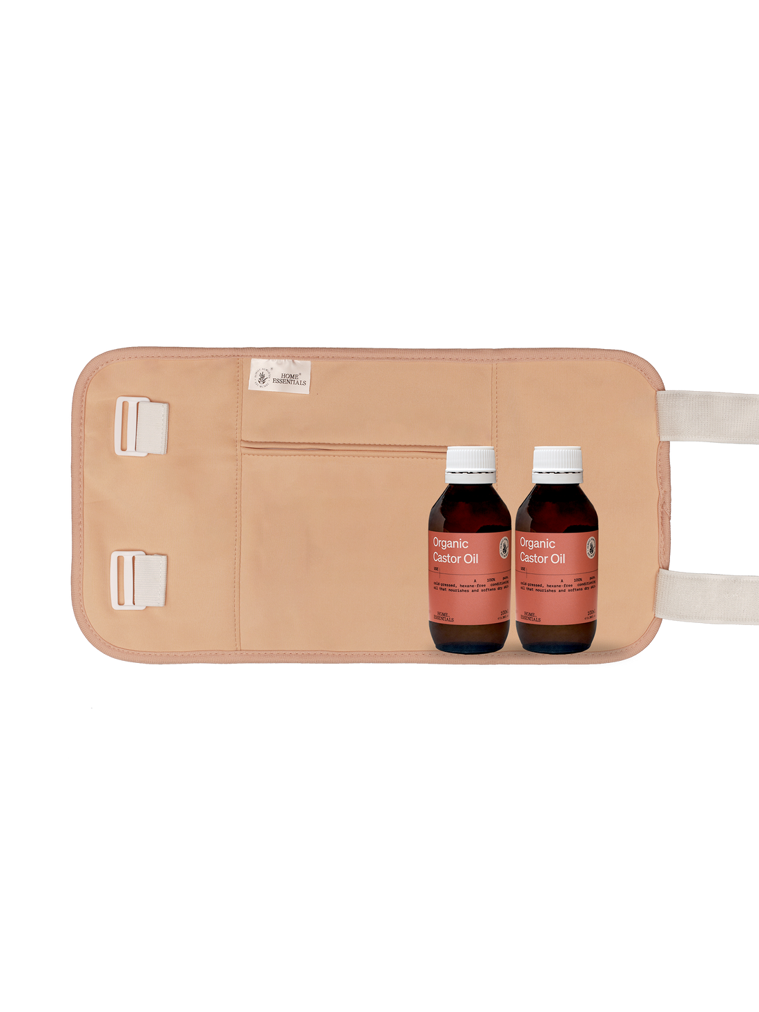 Two 100ml bottles of Organic Castor Oil placed in front of the beige multicare wrap, to show the bundle content.