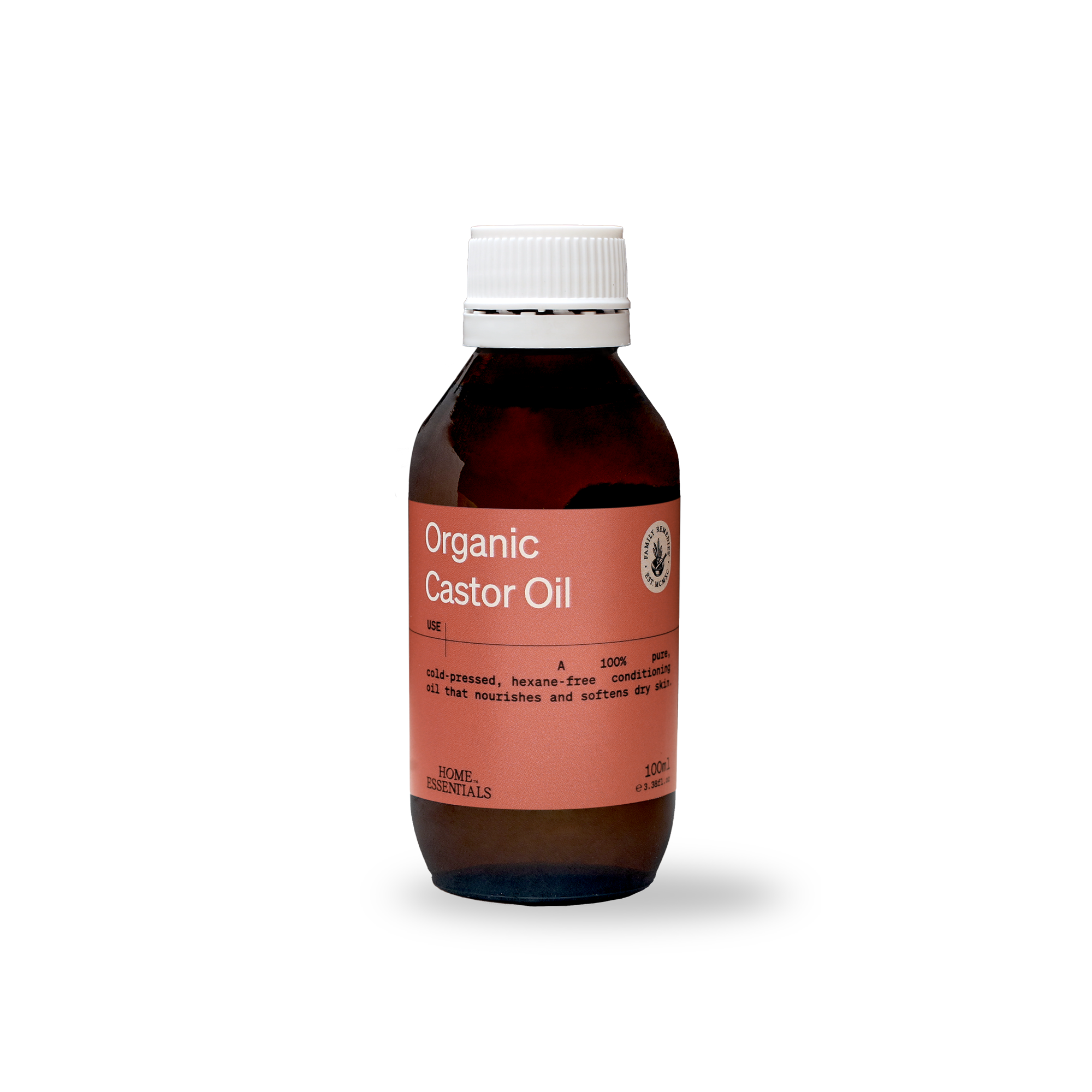 A Front View of the Organic Castor Oil 100ml Bottle on a white background