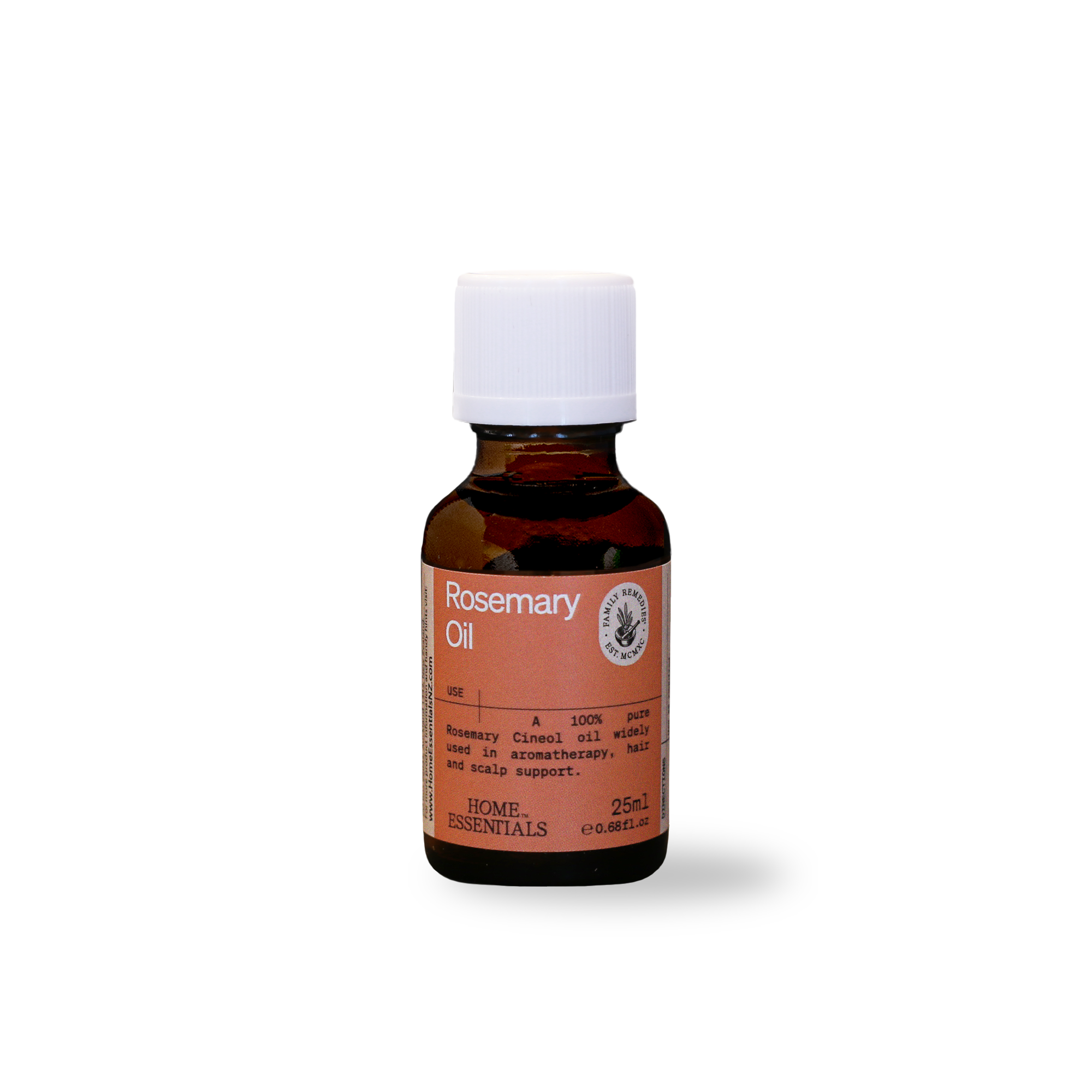 A front view of the 25ml bottle of Home Essentials Rosemary Oil on a white background