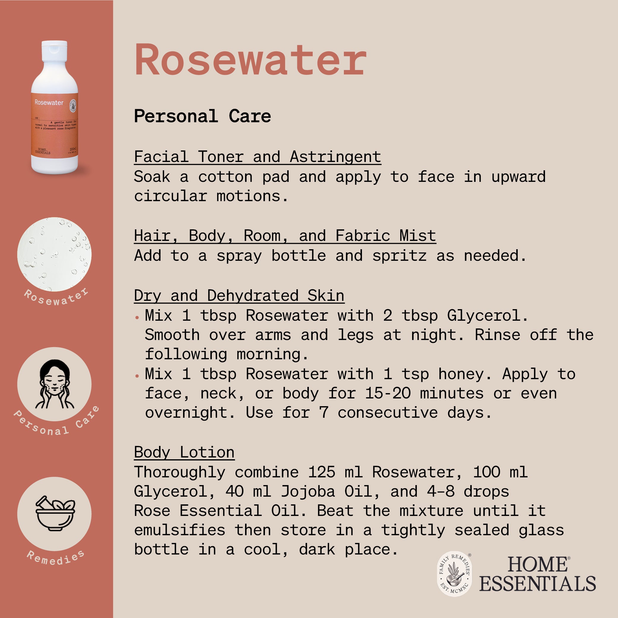 Home Essentials Rosewater handy hints usage guide Page 1