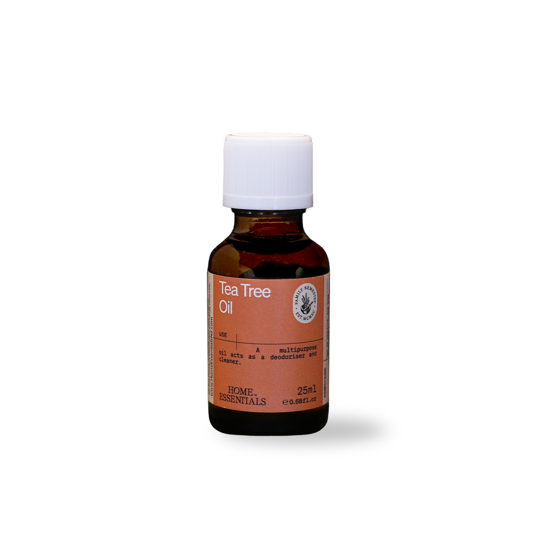 Tea Tree Oil 25ml brown glass bottle, front view on white background