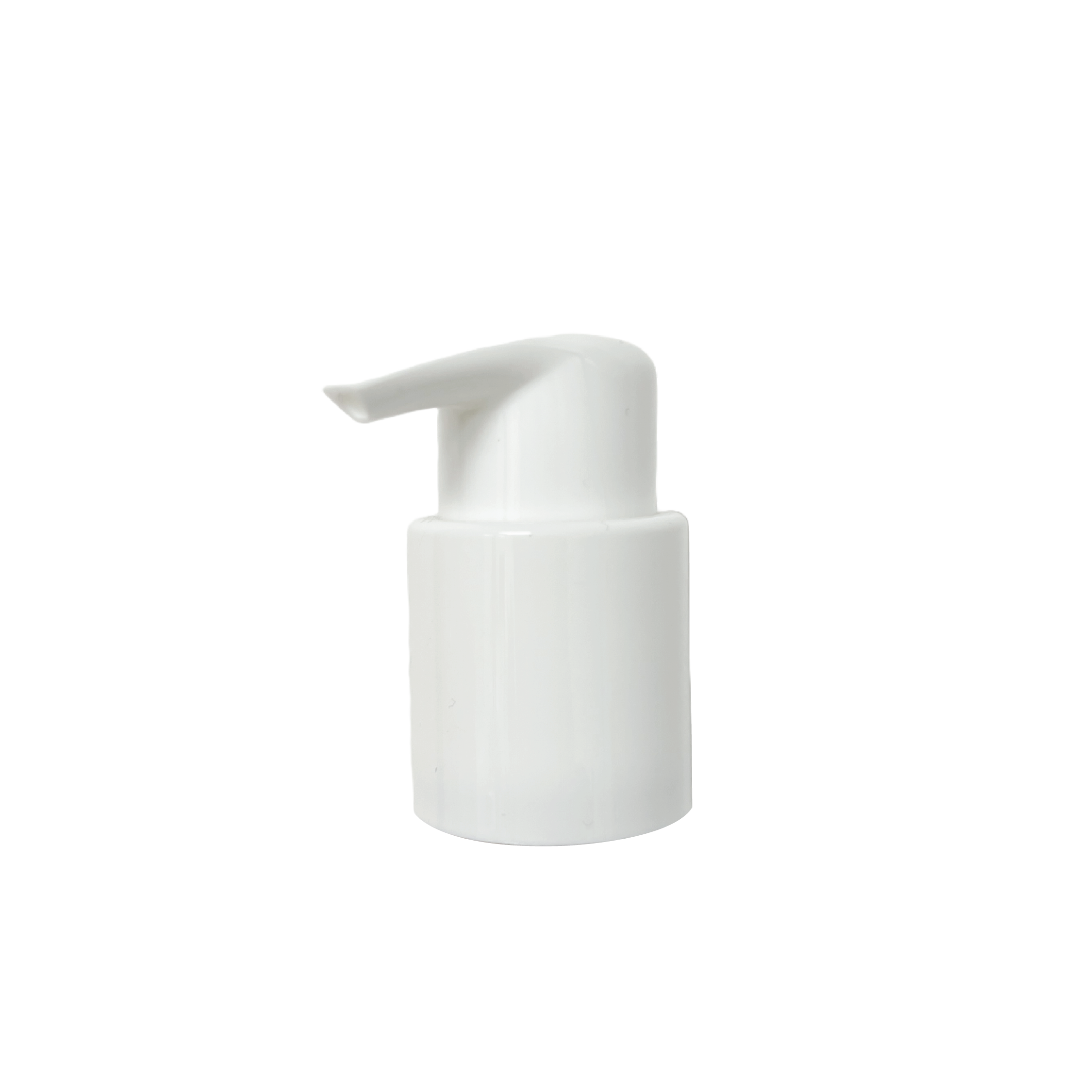 Pump dispenser head on white background, showing the nozzle and screw cap