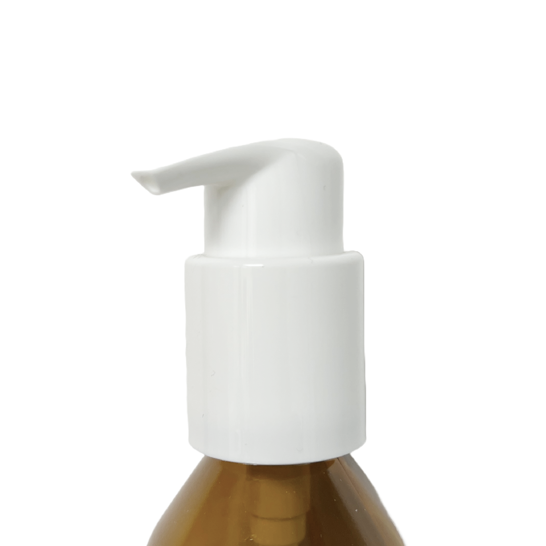 Pump dispenser head fitted onto an amber glass bottle, close-up view