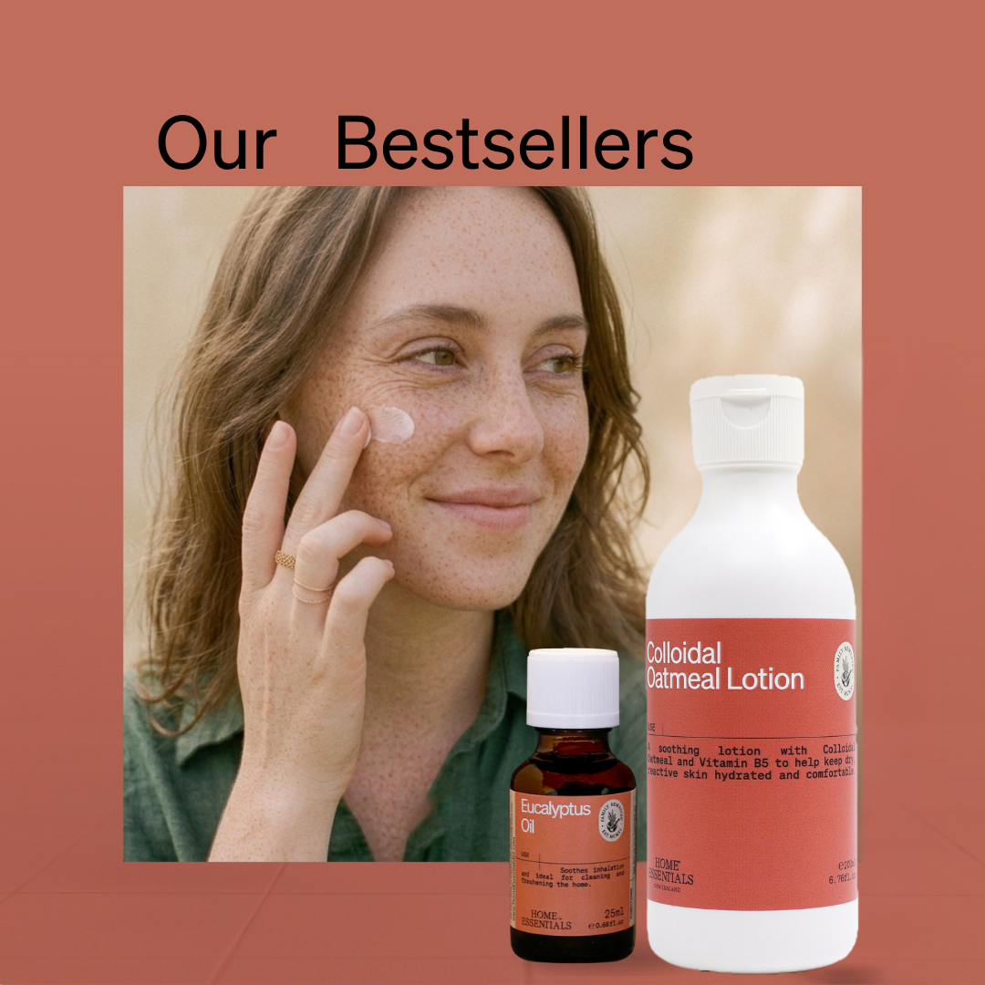 our bestsellers collection introduced by a photo of a woman spreading a small amount oc colloidal oatmeal lotion on her skin.