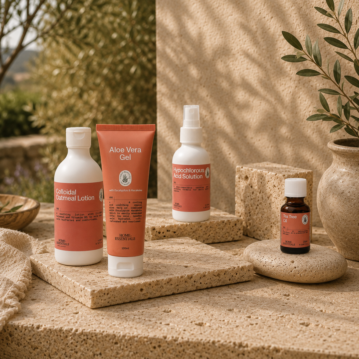 Bug and Insect bites collection products sitting outside on beige limestone