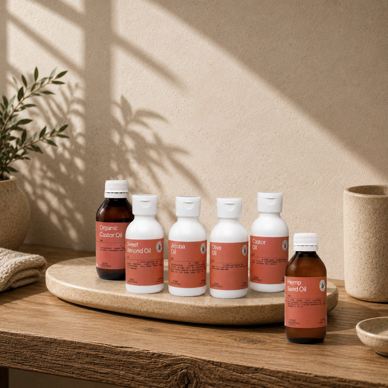 Carrier Oils Collection lined up on a marble tray placed on a wooden bench