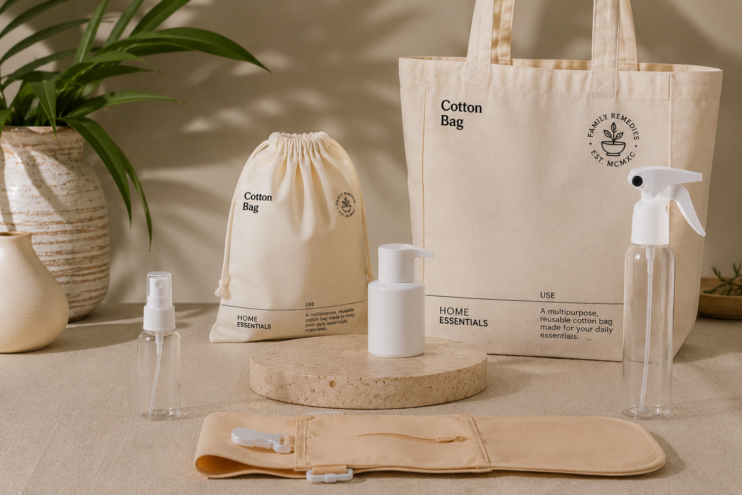 Our range of bottle heads, tote bags and skincare accessories organised in a product shot 