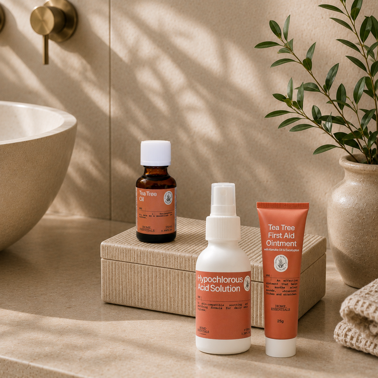 Daily Hygiene Collection lifestyle shot in serene beige and herbal bathroom environement