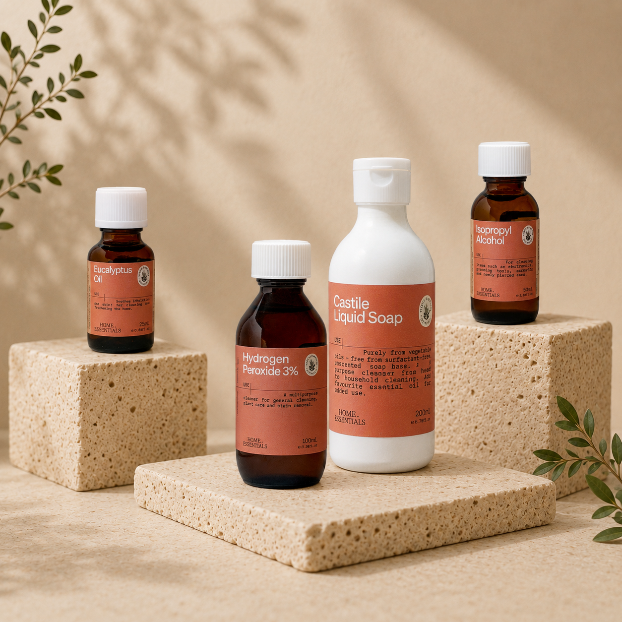 General Home Care product displayed on beige limestone pedestal on beige background