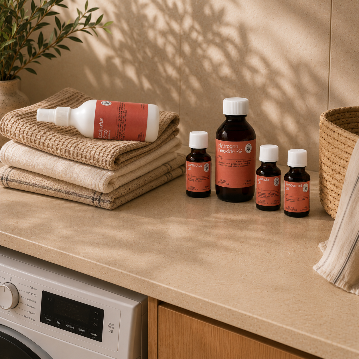 The Linen Care Collection displayed in a laundry environment with olive tree branches on the side 