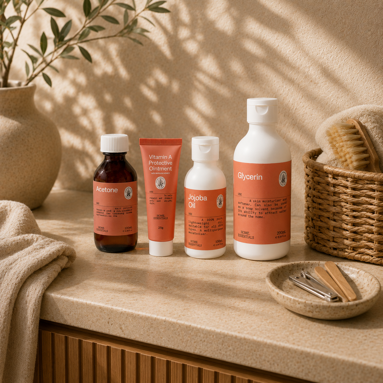 Nail and Hand Care Collection lind up on a beige bench next to clippers and manucure items