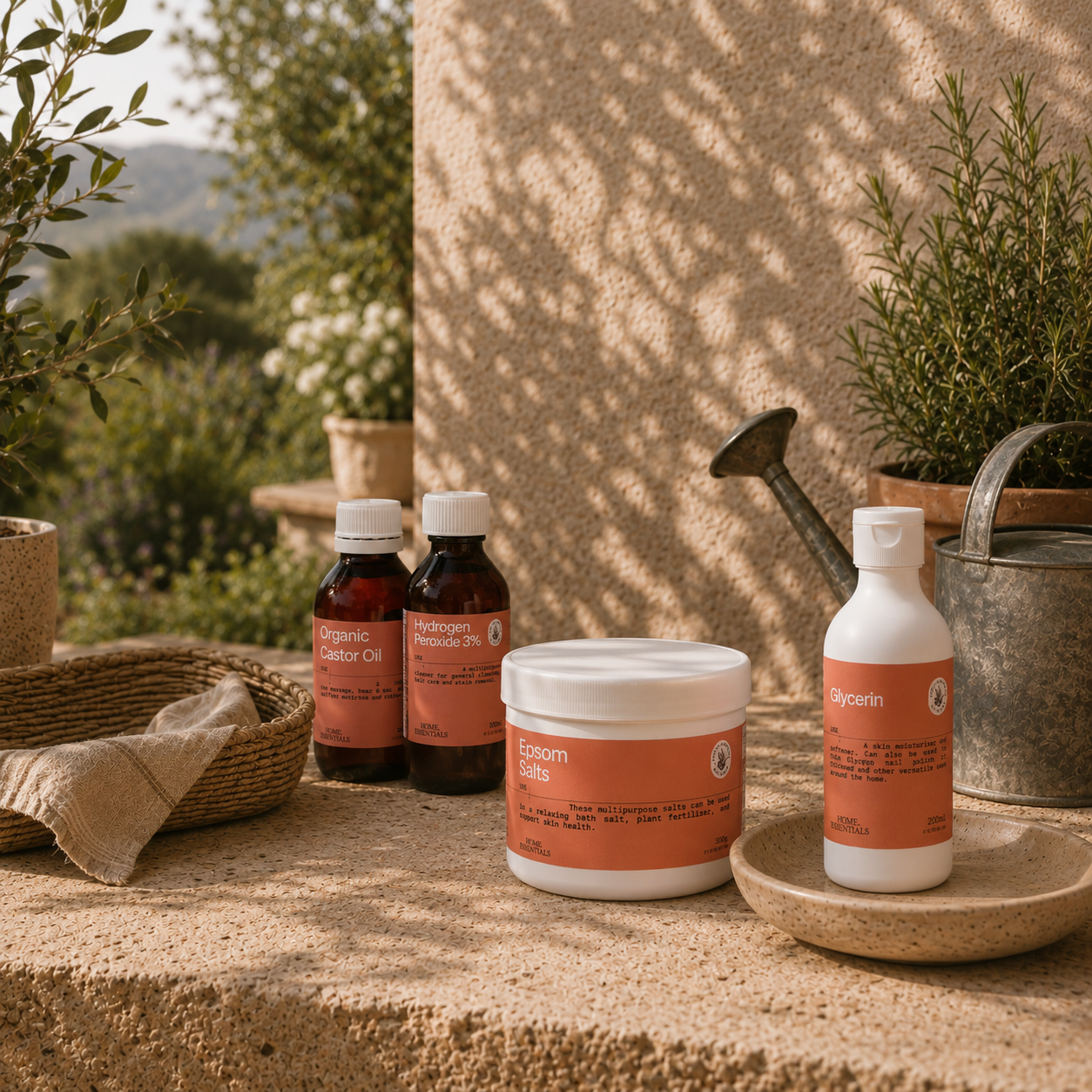 Plant and Soil Care Collection products  sitting outside in a warm sunny garden environment