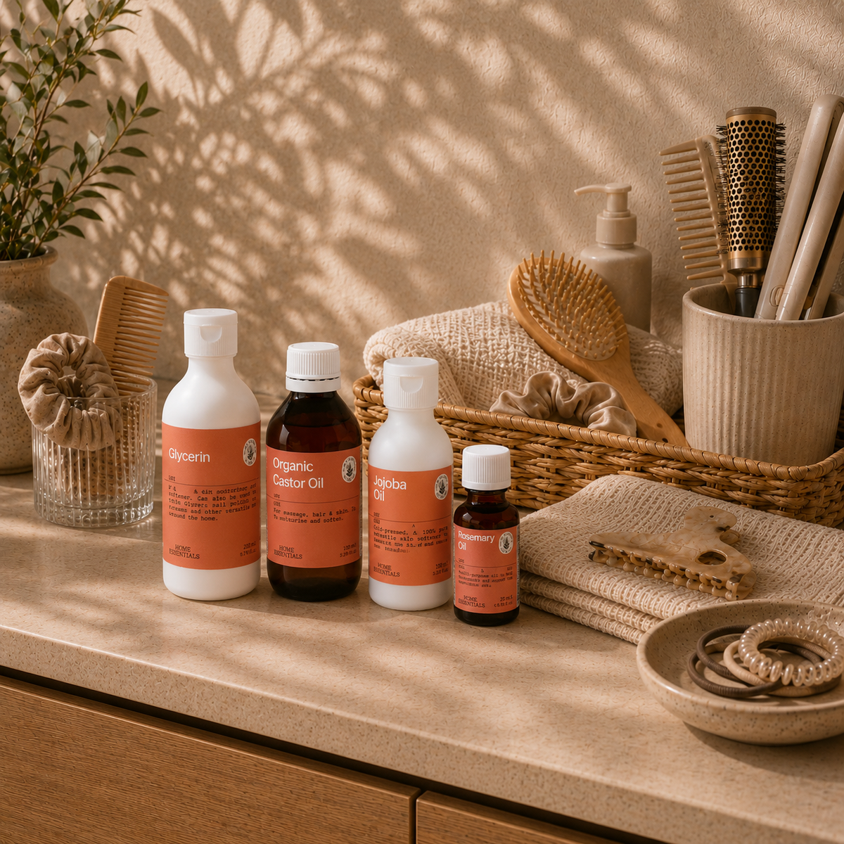 Hair Care Collection product lined up in front of hair products on a bathroom bench