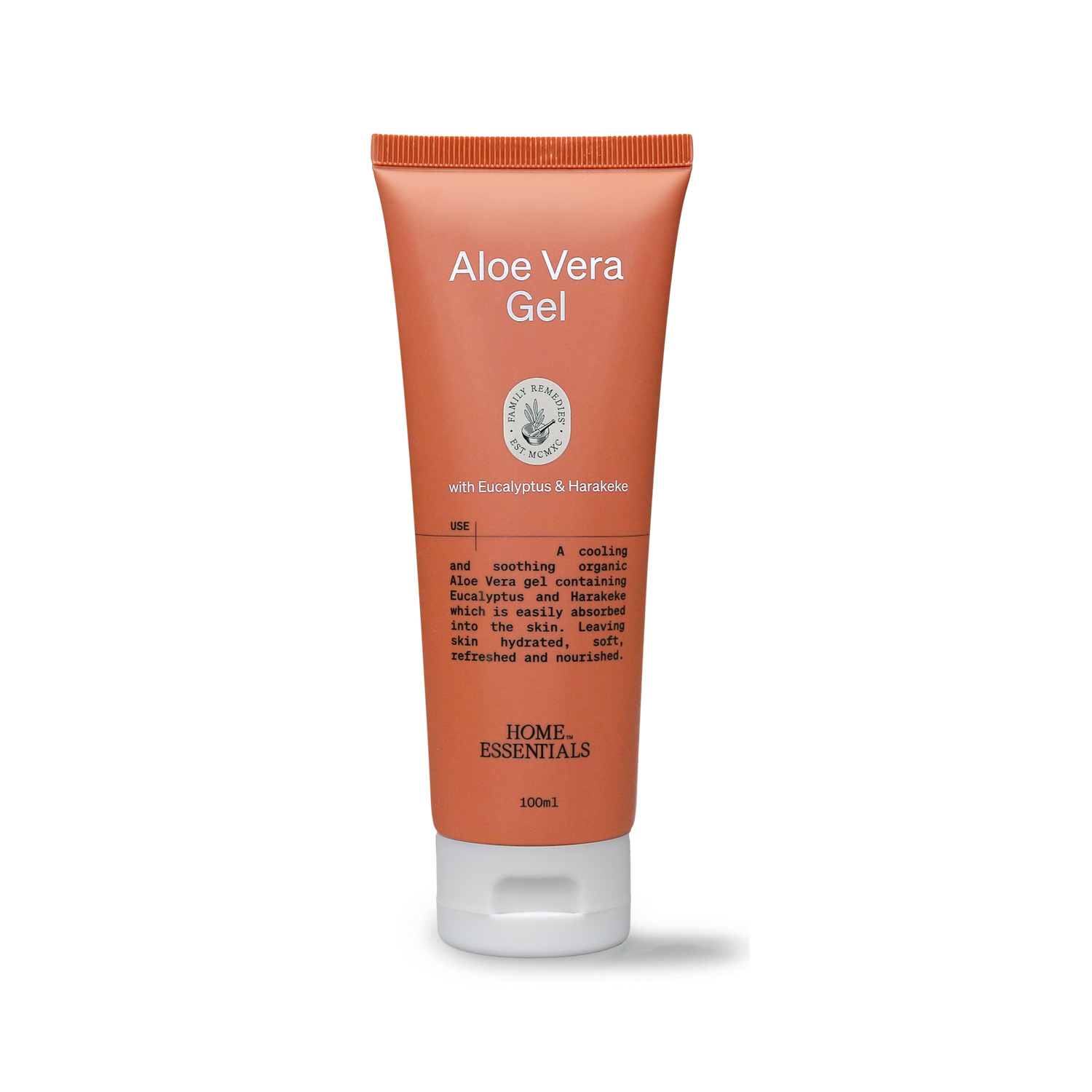 A front view of the Home Essentials Aloe Vera Gel Tube, featuring Eucalyptus and Harakeke.