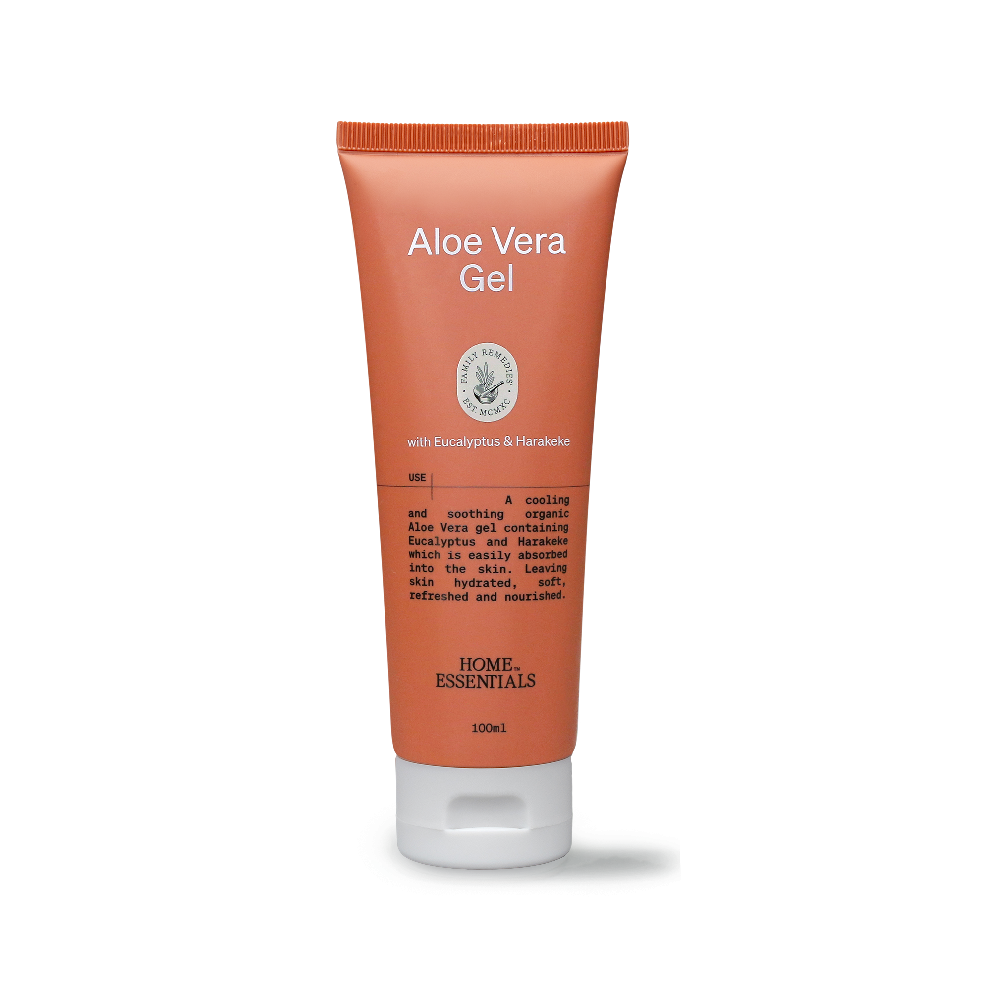 A front view of the Home Essentials Aloe Vera Gel Tube, featuring Eucalyptus and Harakeke.
