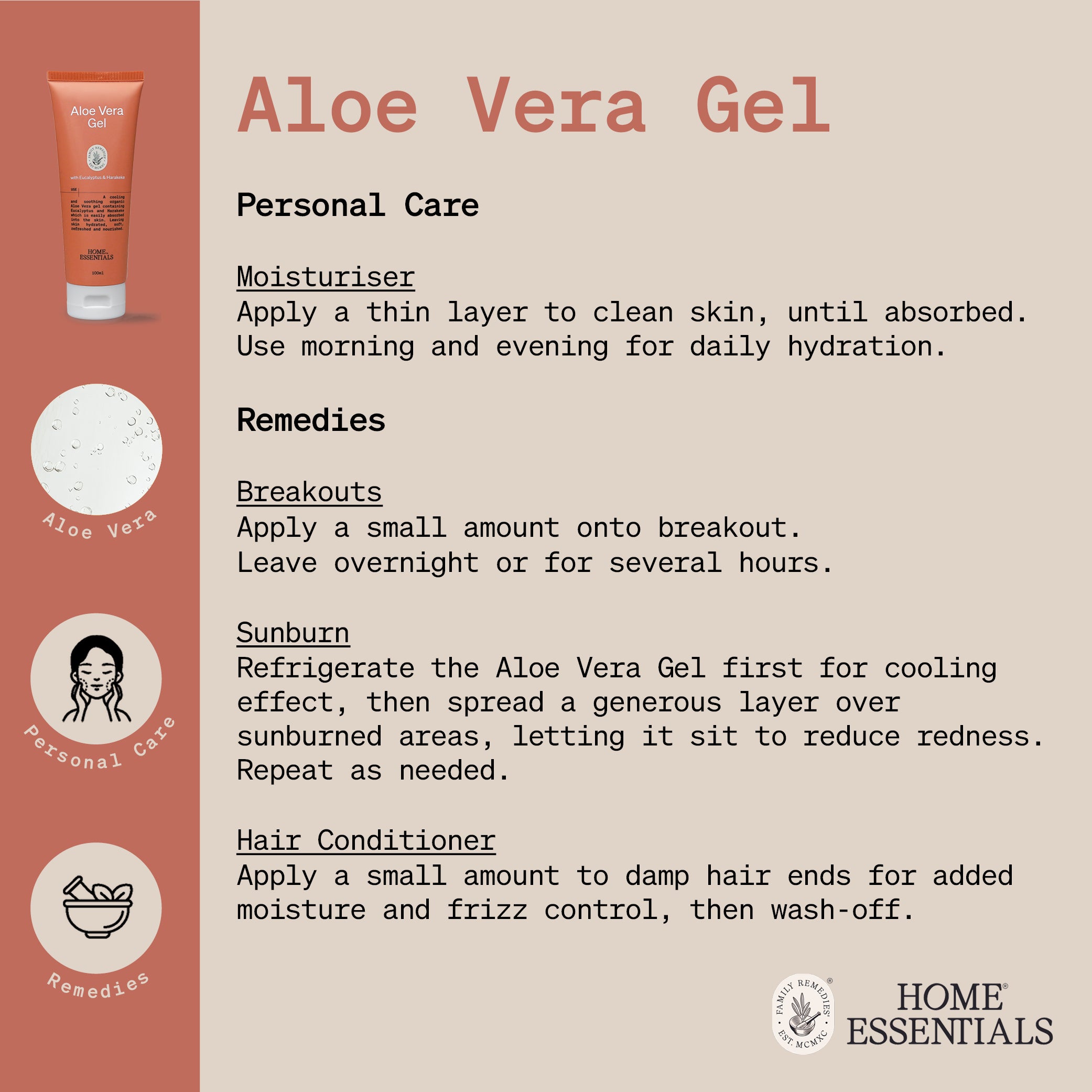The Handy Hint page for Aloe Vera Gel, listing various use and DIY remedy recipes
