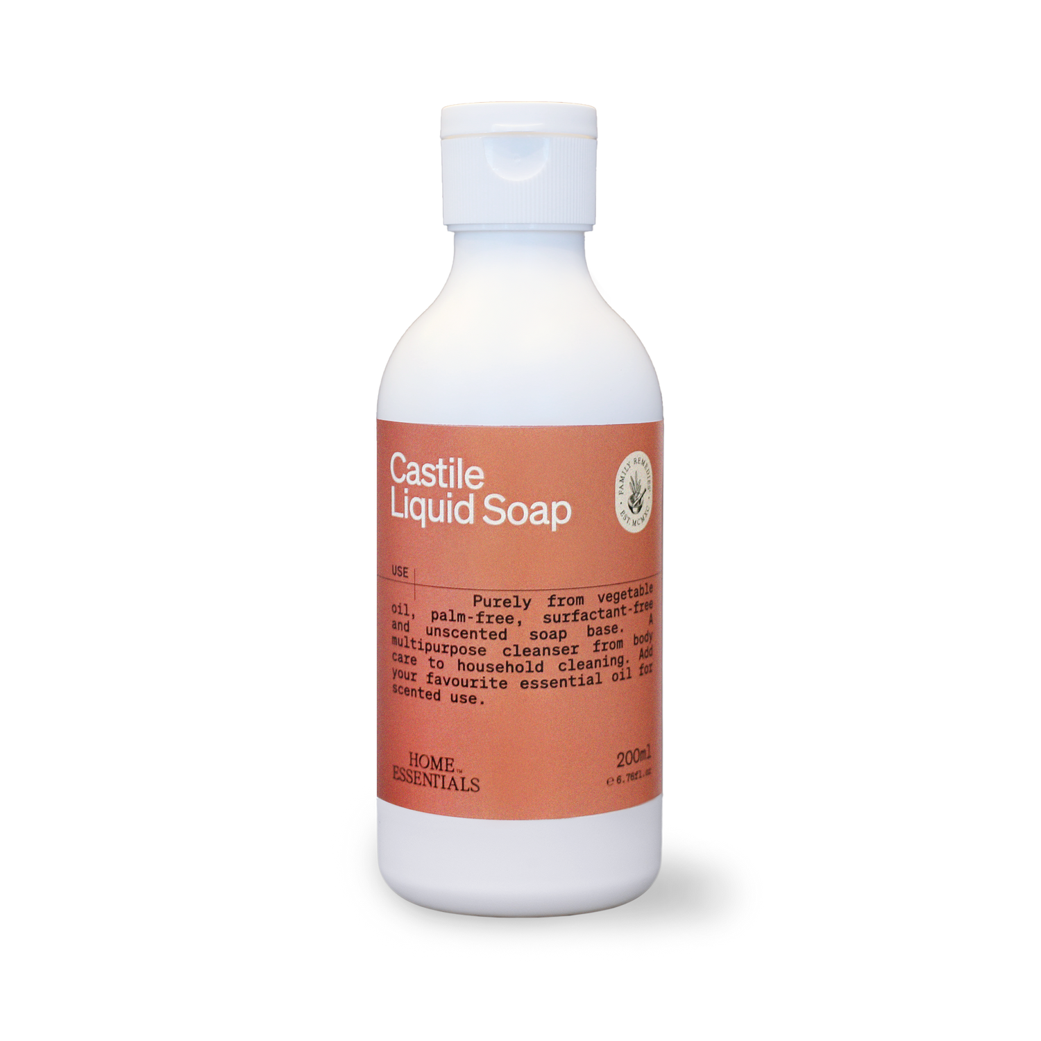 A front view of the bottle of Castile Liquid Soap with a white body and our signature terracotta label