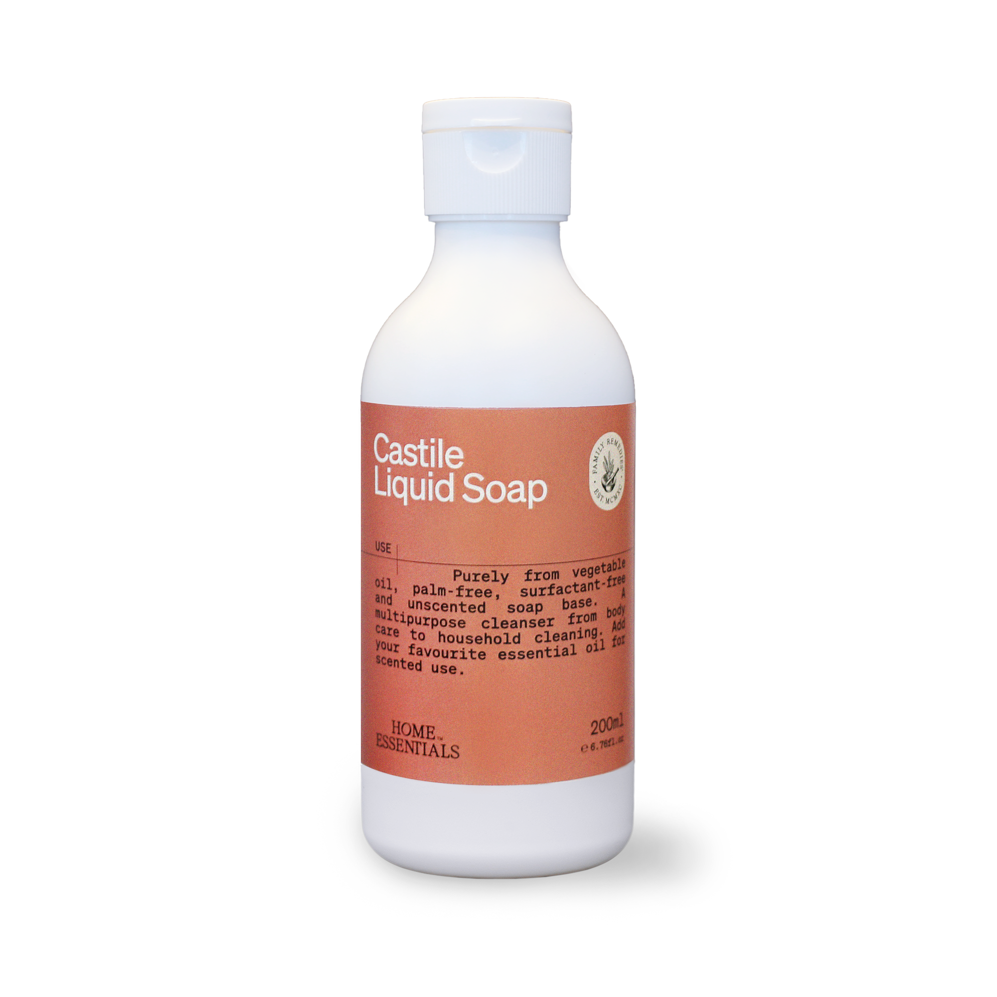 A front view of the bottle of Castile Liquid Soap with a white body and our signature terracotta label