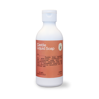 A front view of the bottle of Castile Liquid Soap with a white body and our signature terracotta label