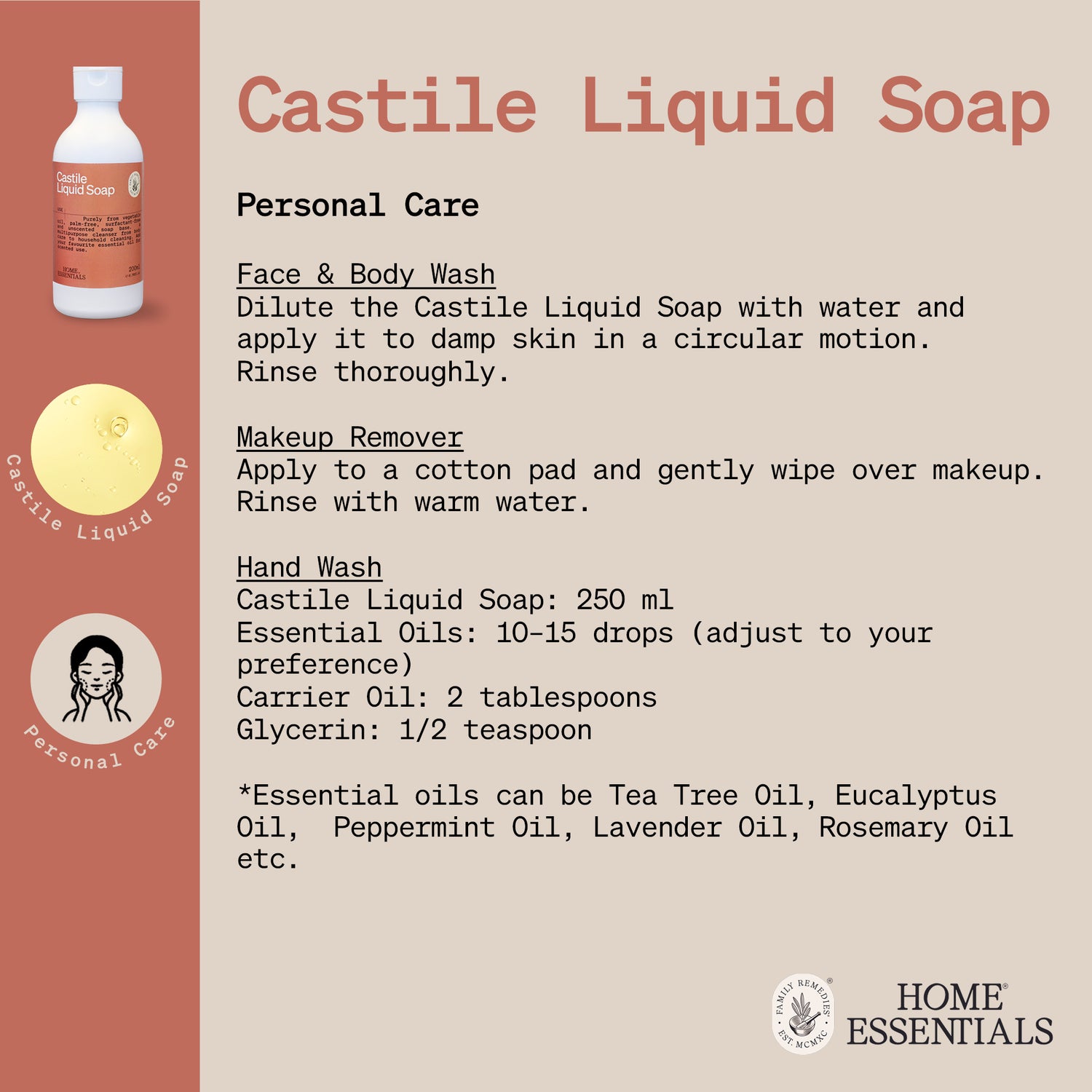 The Handy Hint page for Castille Liquid Soap, listing various use and DIY remedy recipes