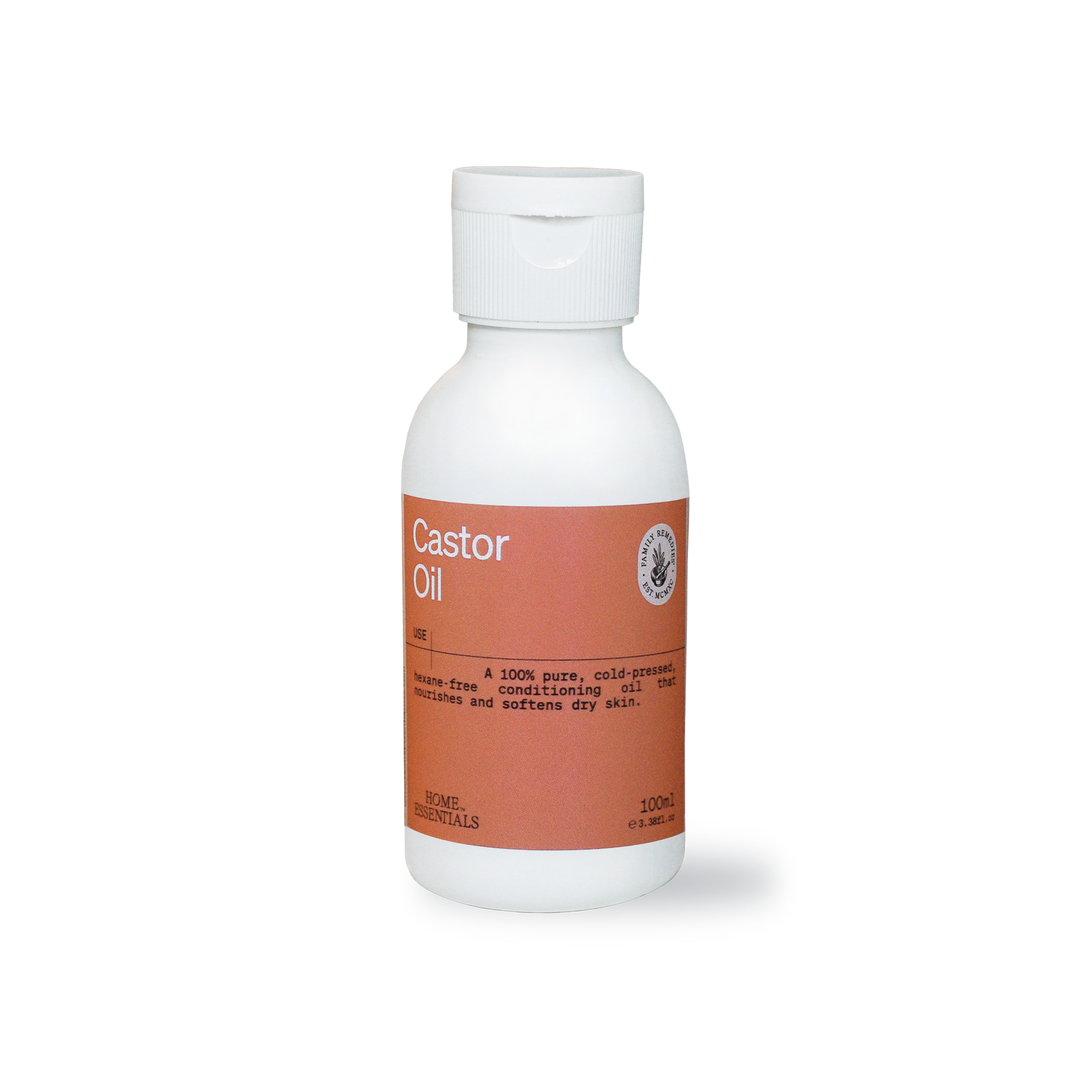 A front View of the 100ml Castor Oil Bottle with white background