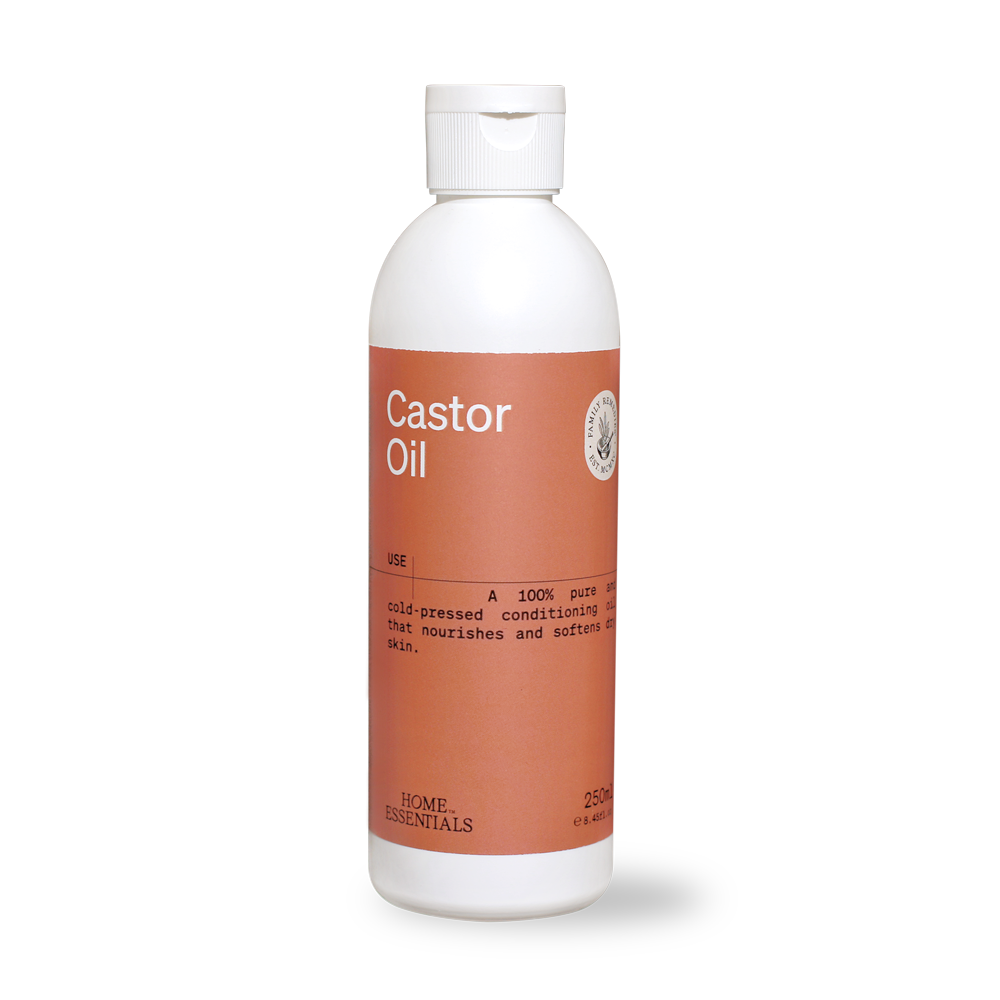 A front view of the Castor Oil 250ml bottle, labeled as 100% pure, cold-pressed, hexane-free