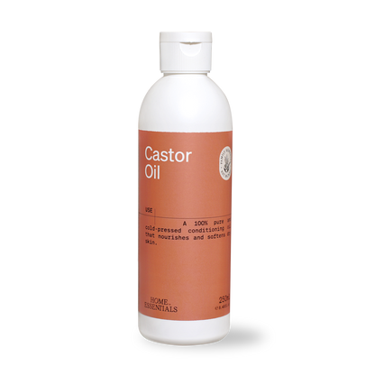 A front view of the Castor Oil 250ml bottle, labeled as 100% pure, cold-pressed, hexane-free