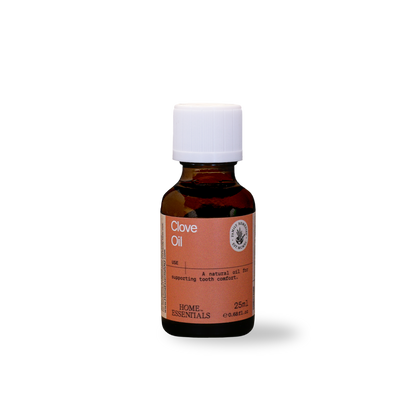 A front View of the 25ml Clove Oil Essential oil bottle with white cap on white background