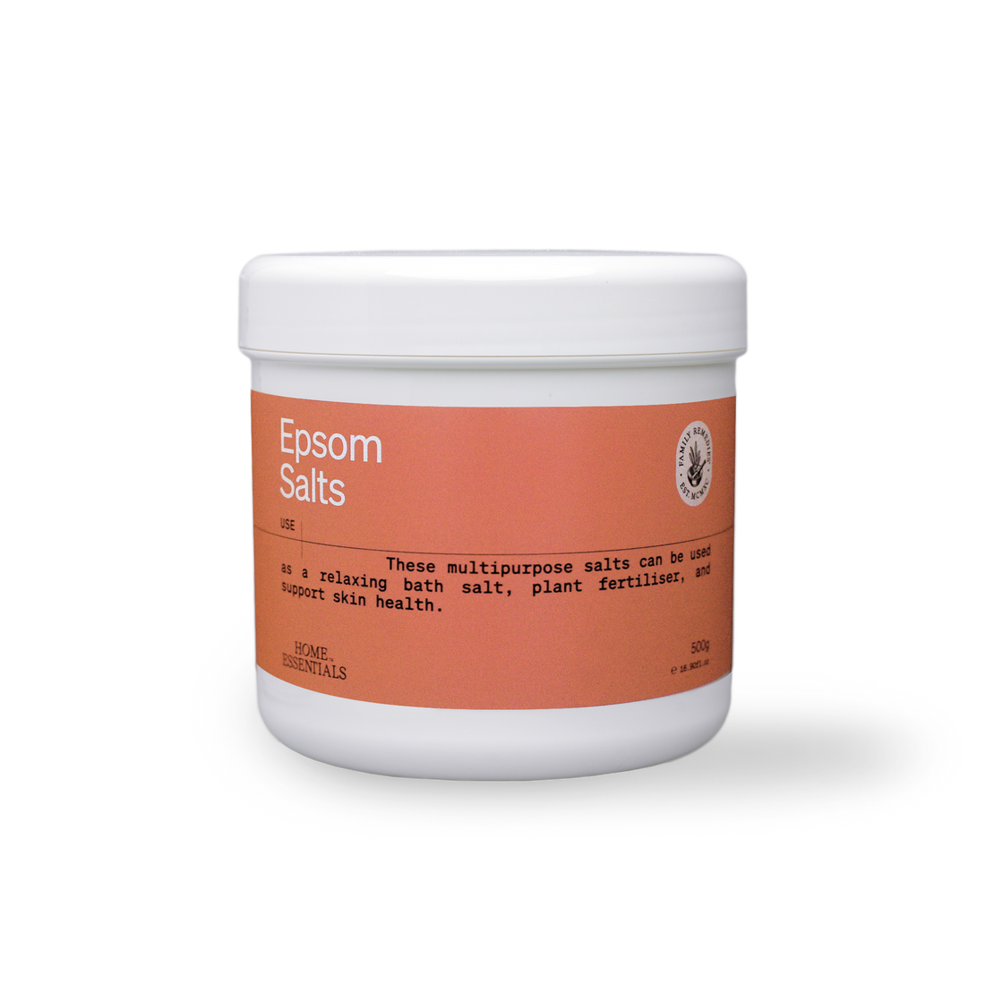 A front view of the Epsom Salts 500g Pot on white background