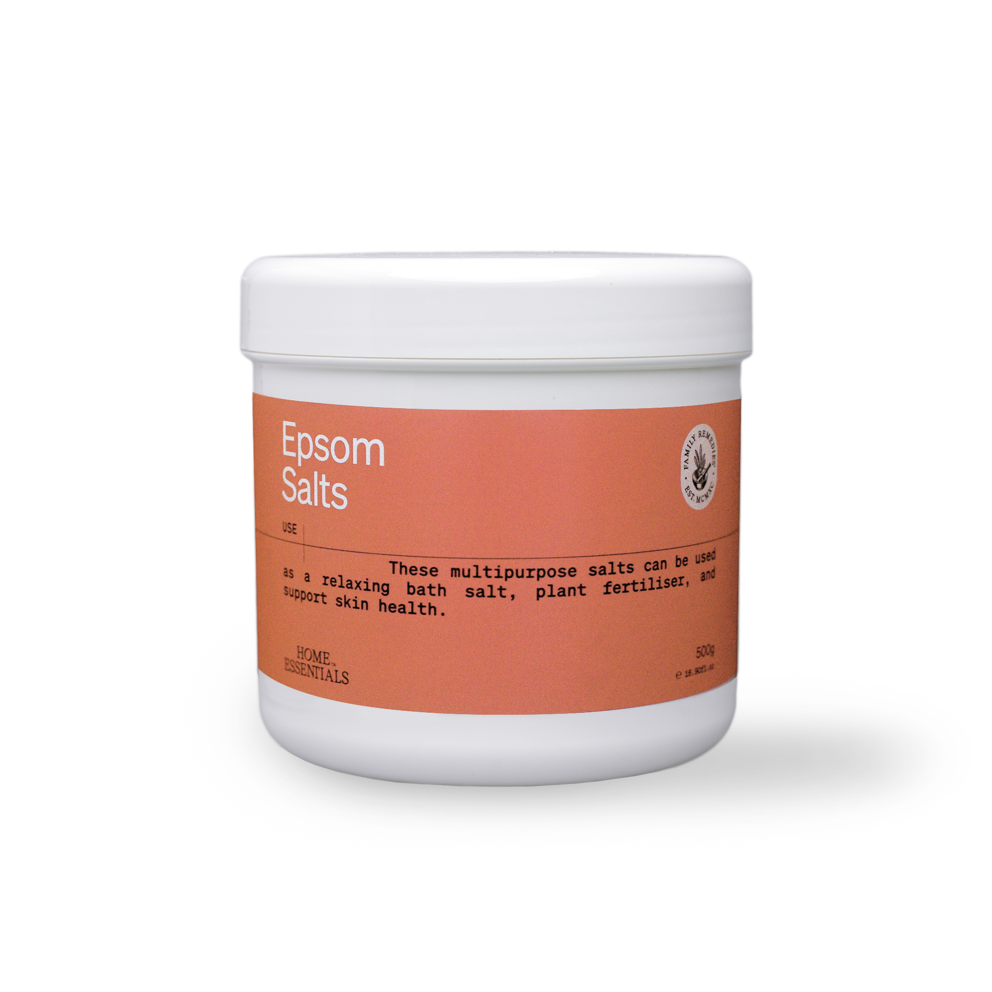 A front view of the Epsom Salts 500g Pot on white background