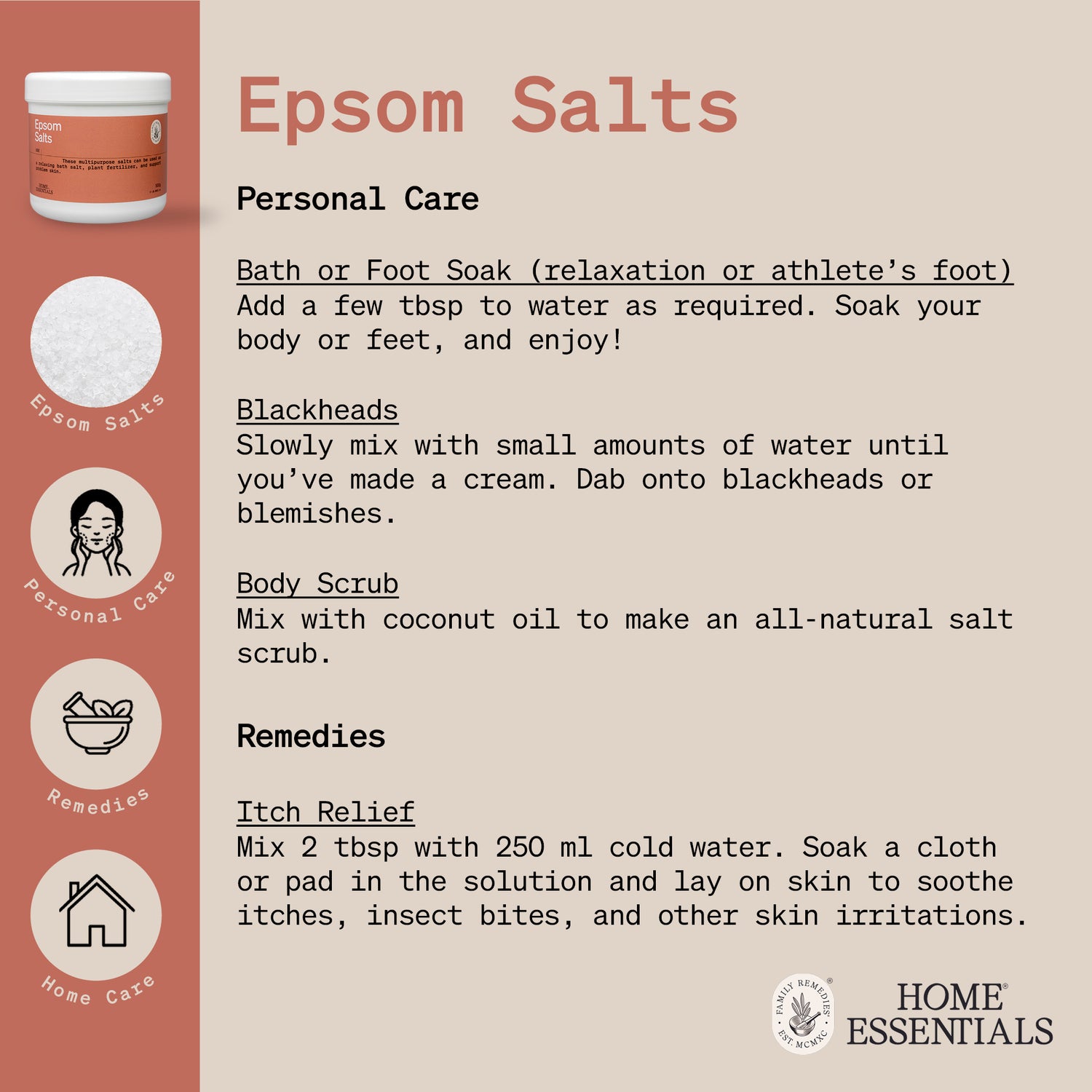 The Epsom Salts Handy Hints Page which lists the various uses and DIY recipes