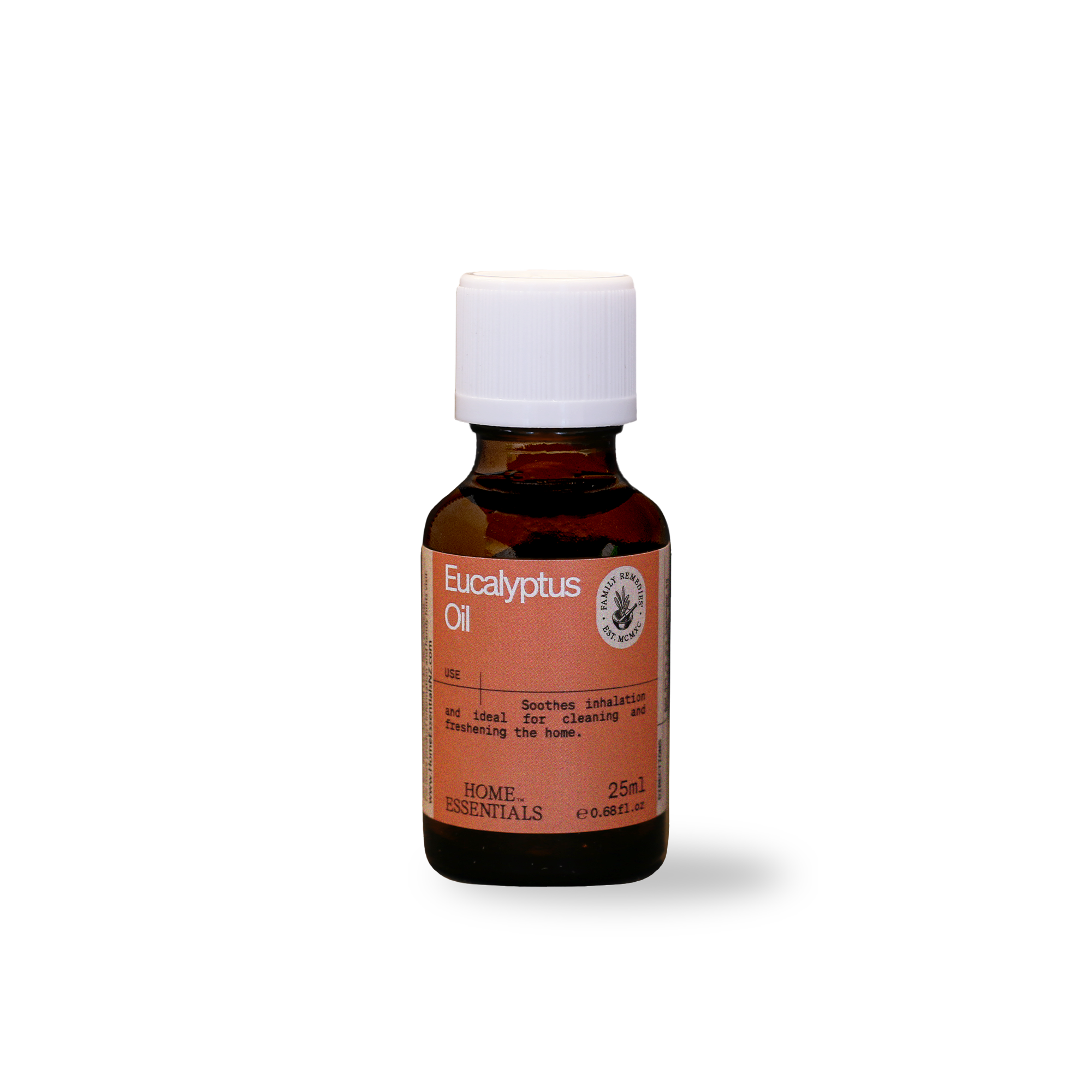 A Front View of the Eucalyptus-Oil-25ml brown bottle with whit cap on white background
