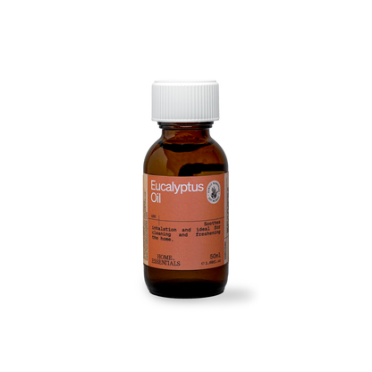 A Front View of the Eucalyptus-Oil-50ml brown bottle with whit cap on white background
