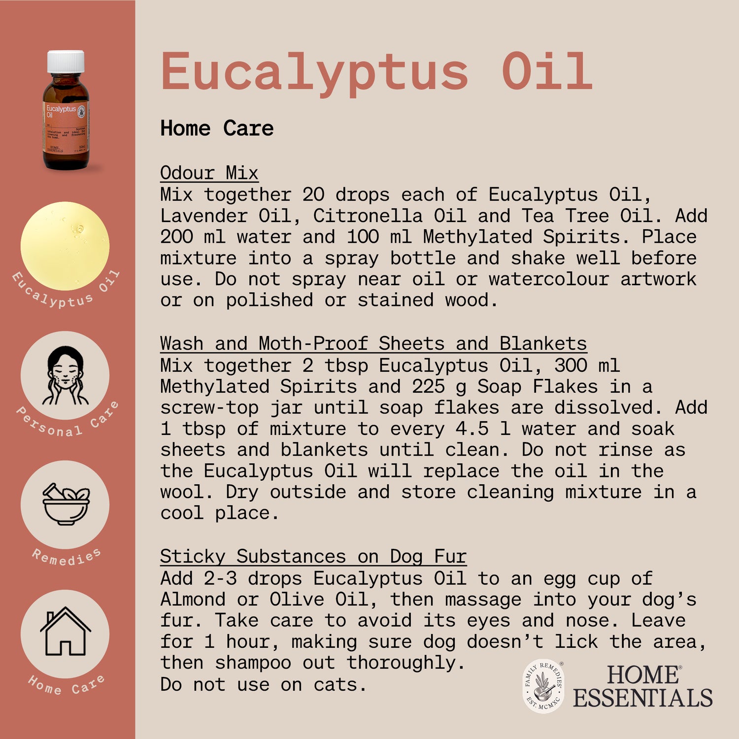 The fifth and last page of Eucalyptus Oil Handy Hints which lists the various uses and DIY recipes
